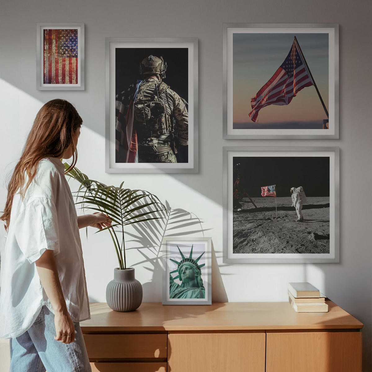 WANDBILDER 5er Set - 50x50 cm & 20x30 cm & 40x60 cm Silberner Rahmen - Ruhige Landschaften am Strand der Sonne - Silberfarben, Kunststoff (40/60cm) - ArtPrintCave
