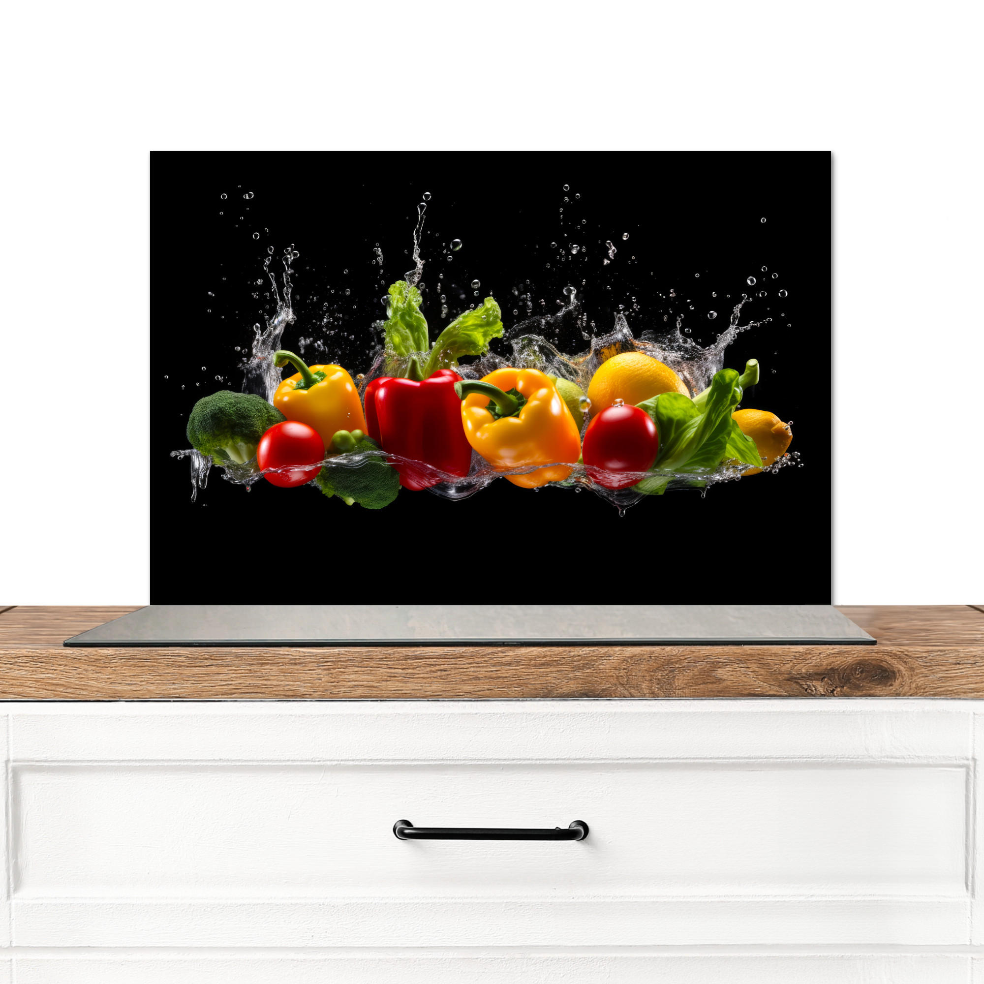 SPRITZSCHUTZ KÜCHE Paprika - Wasser - Gemüse - Schwarz 60x40 cm - Multicolor, Metall (60/0.3/40cm) - MuchoWow