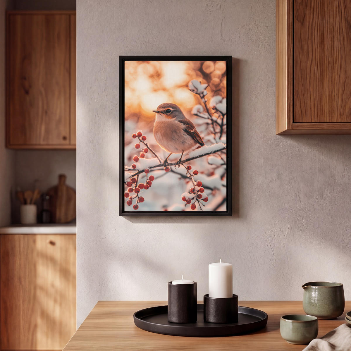 LEINWAND Bilder mit Rahmen - Vogel - Zweig - Winter - Tiere - Schnee - 20x30 - Bernsteinfarben, Textil (20/30cm) - MuchoWow