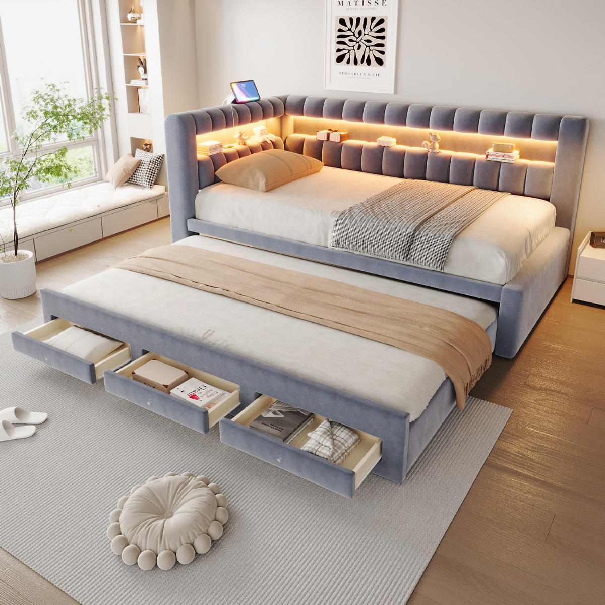 AUSZIEHBETT 90/190 cm mit LED und USB, DE-41714, in Dunkelgrau - Grau, Holzwerkstoff (90/190cm) - ComfortXL