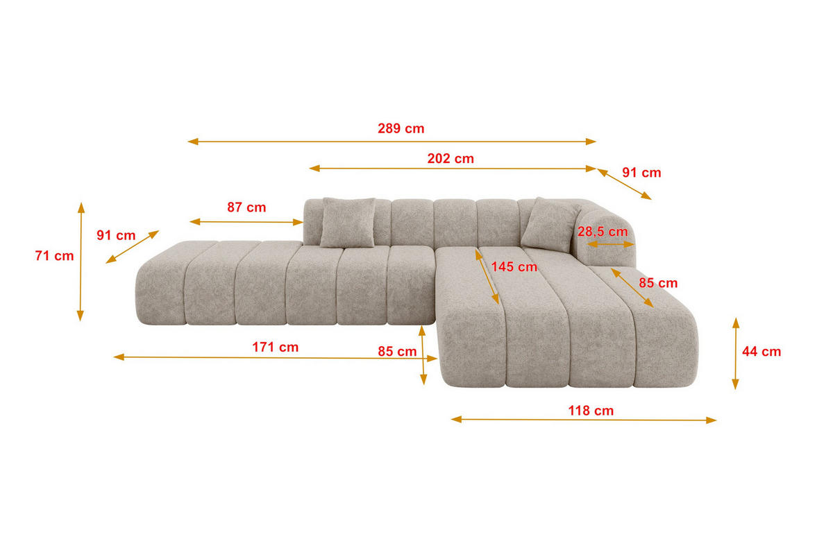 ROHOVÁ SEDAČKA s otomanem, pravá BILA-L 289x176x71 Béžová Žinylka - černá/šampaňská, kompozitní dřevo/textil (289/176cm) - ALTDECOR