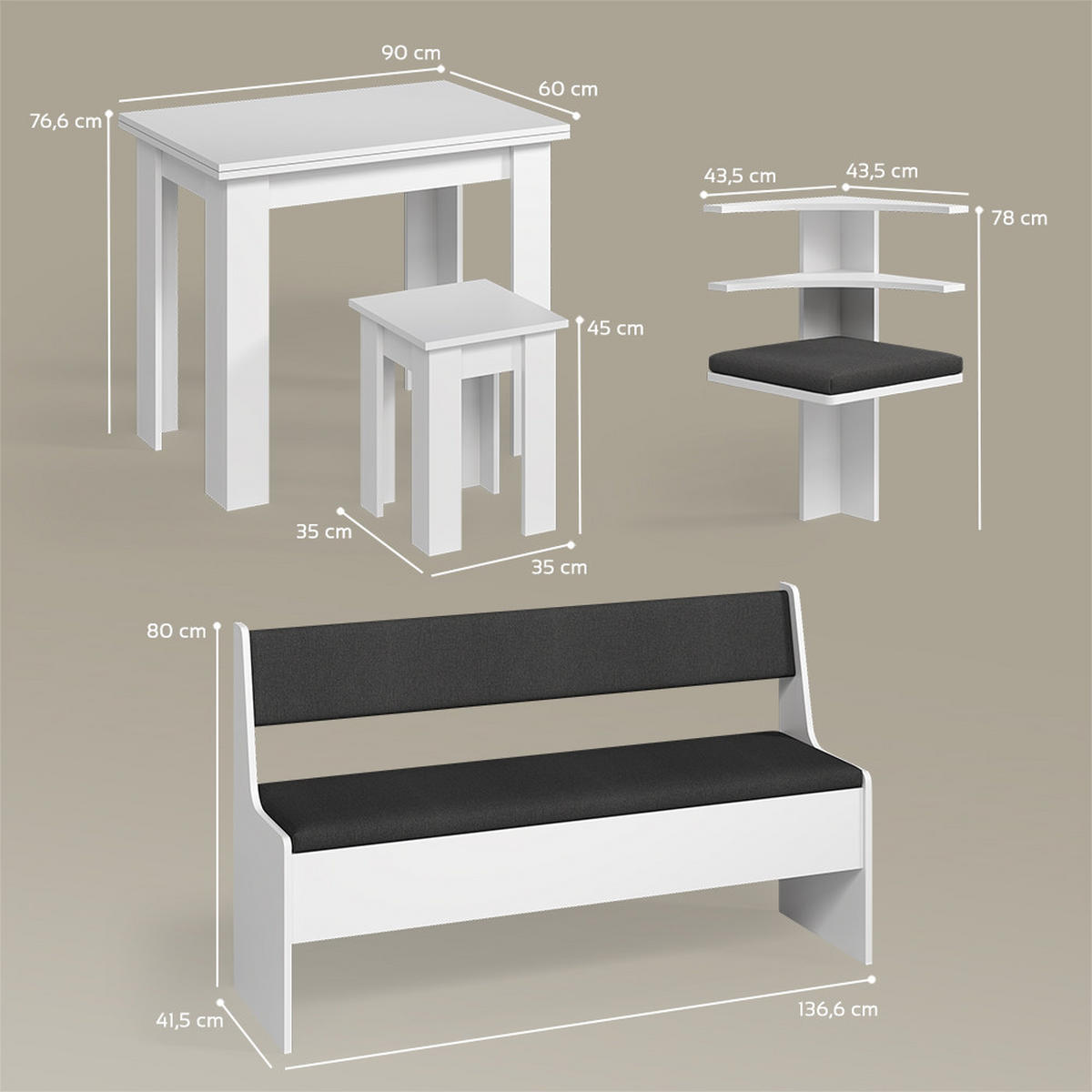 ECKBANKGRUPPE Tiberio Weiß 180 x 180 cm mit Tisch - Weiß, Holzwerkstoff (180/80/180cm) - Livinity®