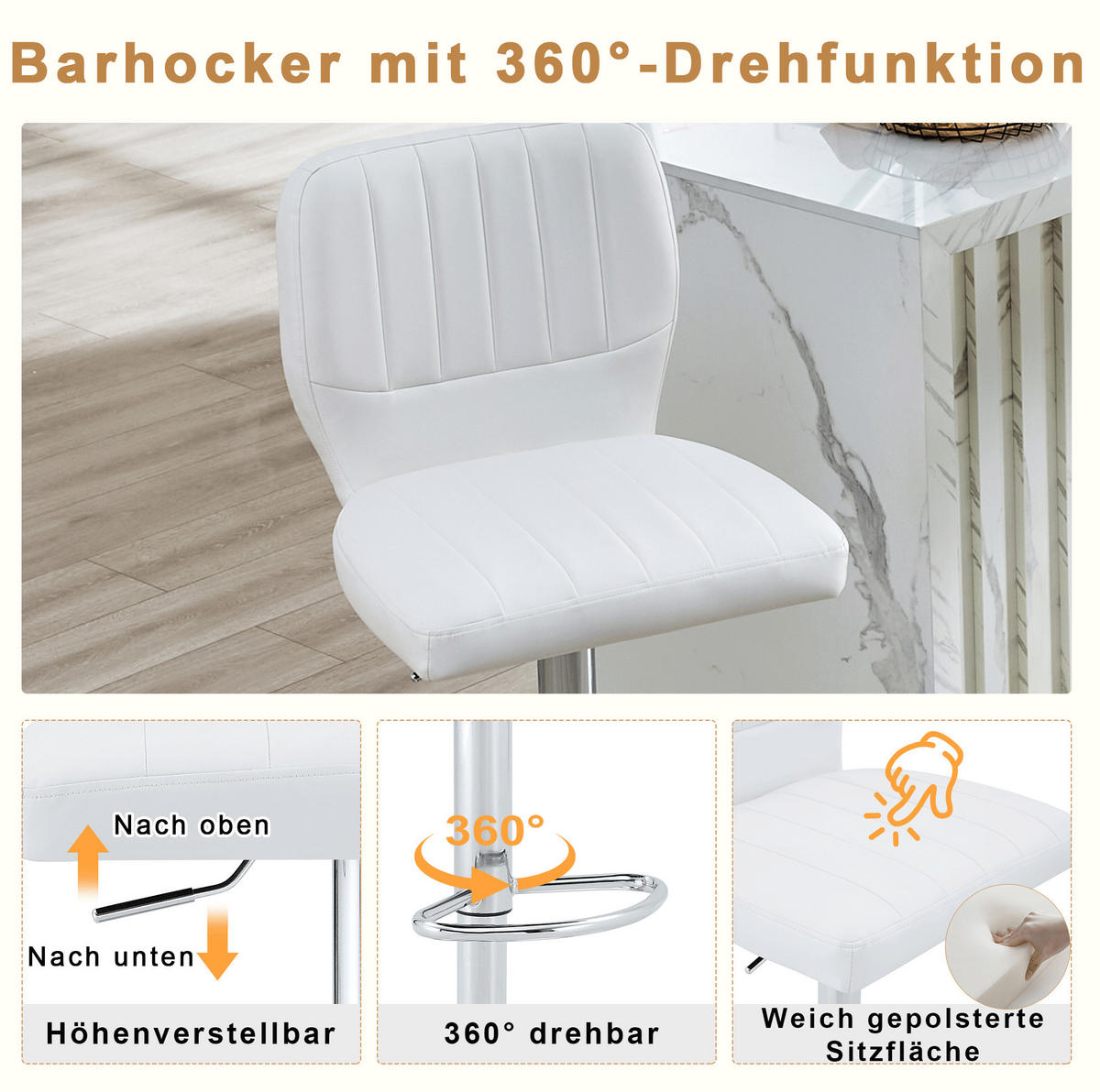 BARHOCKER höhenverstellbar mit Rückenlehne 62-83 cm Silver+White - Silberfarben, Metall (45/114/52cm) - Meubliv