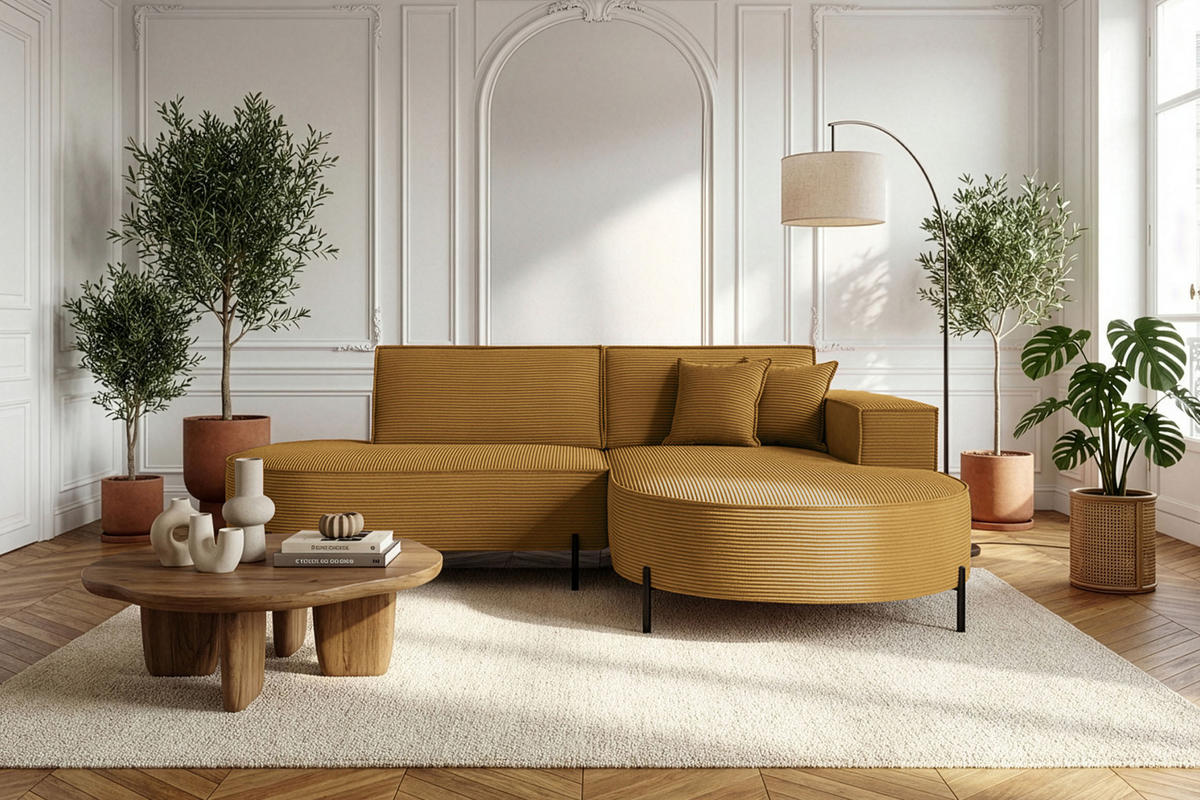 ECKSOFA Hana Loft 3-Sitzer Ecke Rechts, Cordstoff Chenille, Senf 241/80/168 cm - Dunkelgelb/Schwarz, Textil/Metall (241/168cm) - WFL GROUP