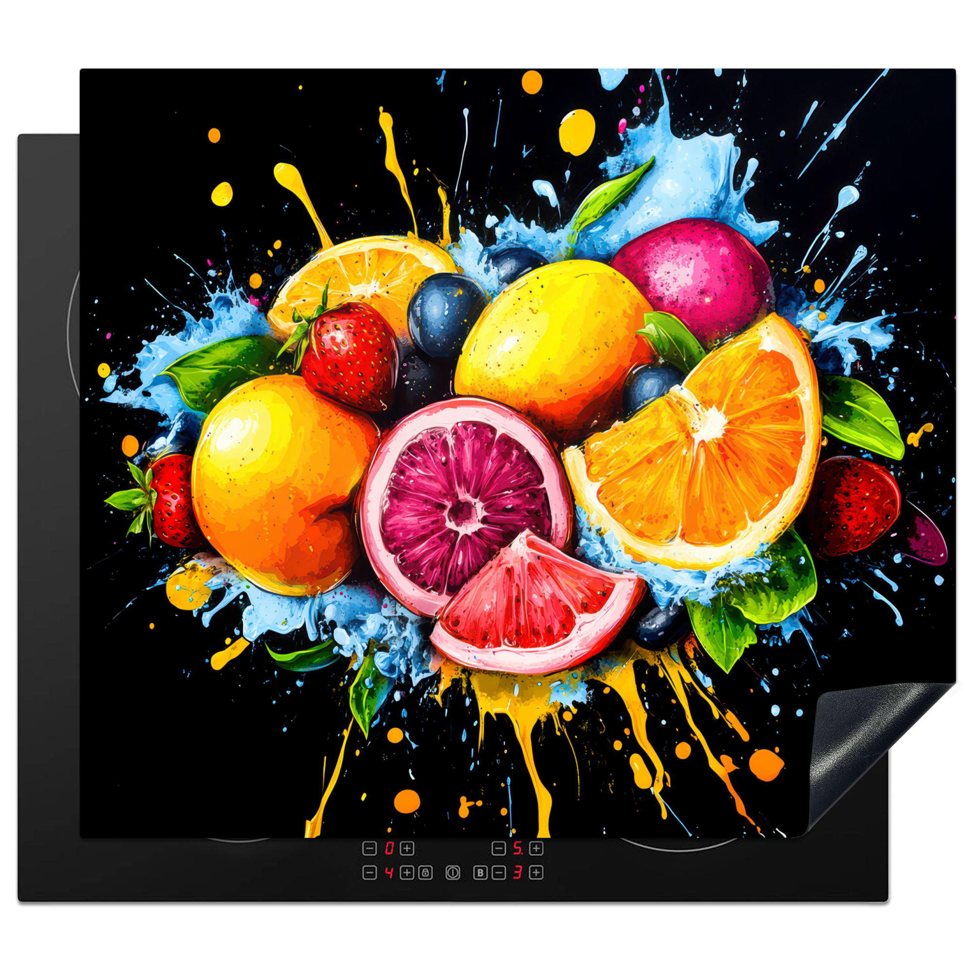 HERDABDECKPLATTE Obst - Graffiti - Bunt - Orange - Erdbeere - Abstrakt 59x51 cm - Orange, Kunststoff (59/0.2/51cm) - MuchoWow