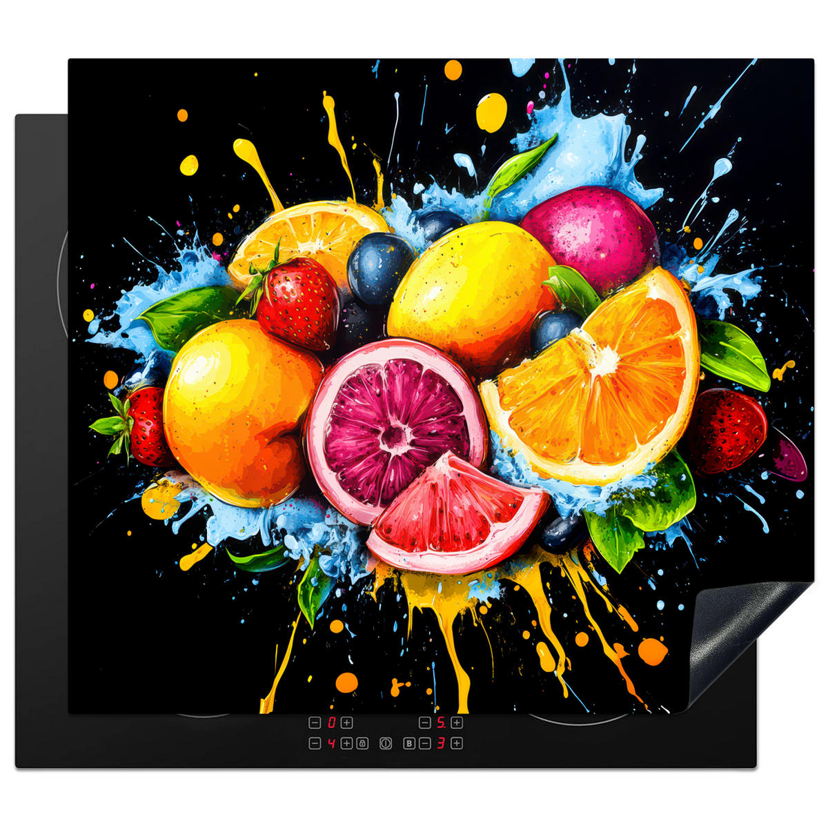 HERDABDECKPLATTE Obst - Graffiti - Bunt - Orange - Erdbeere - Abstrakt 58x51 cm - Orange, Kunststoff (58.3/0.2/51.3cm) - MuchoWow