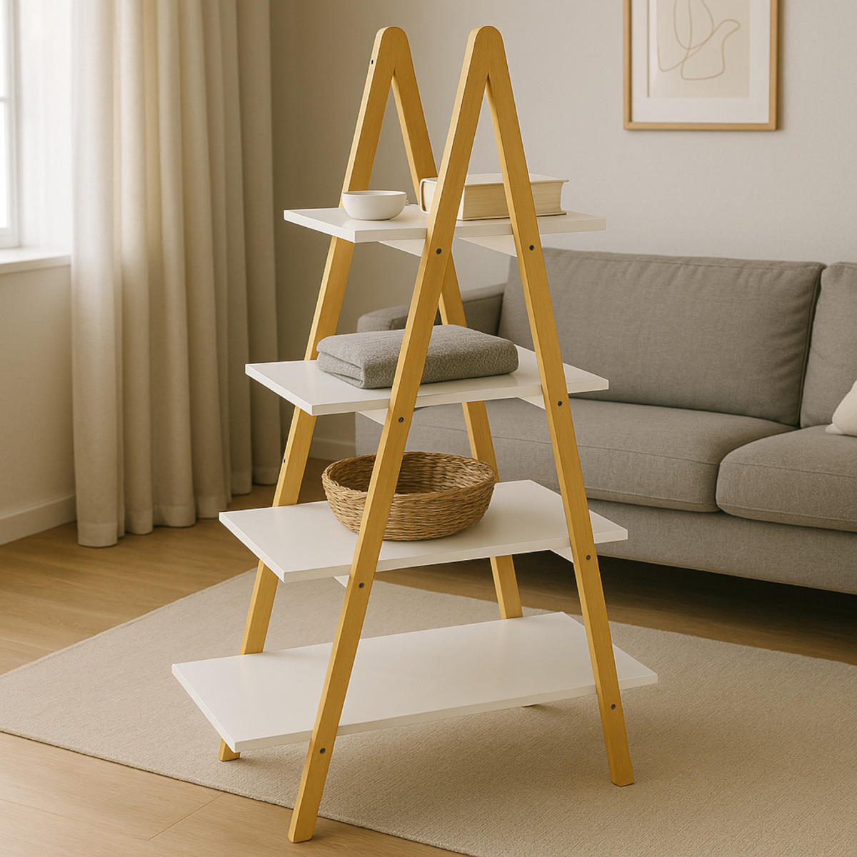 REGAL Bambus Holzoptik Weiß Naturfarben 4 Ebenen 80/30/116 cm - Weiß/Naturfarben, Holzwerkstoff (80/116/30cm) - Begryf