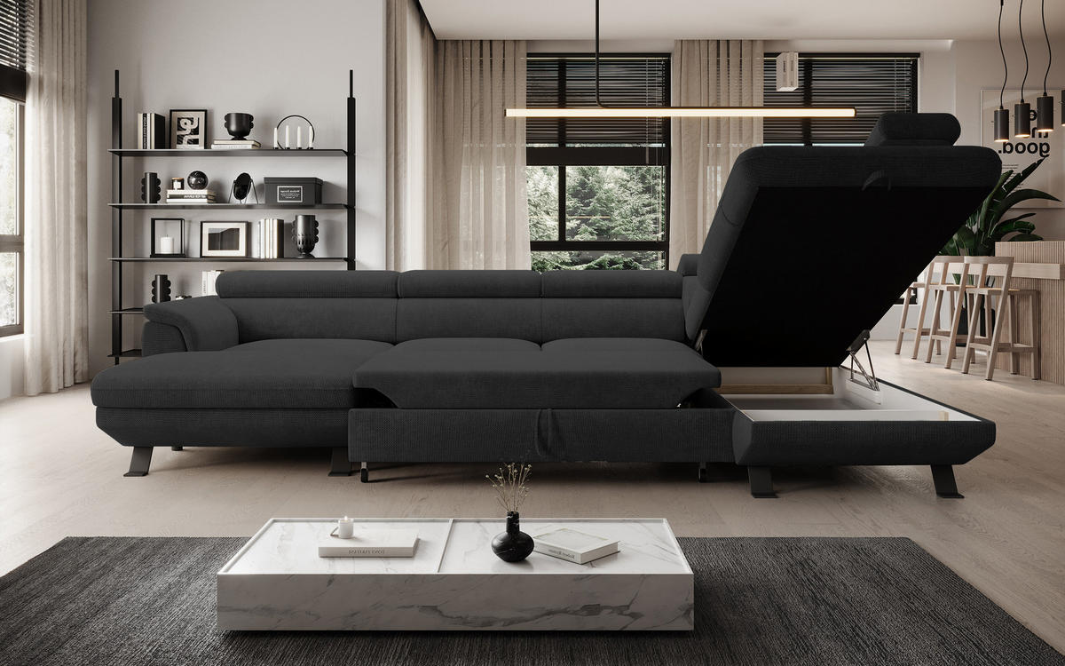 ECKSCHLAFSOFA Raven XL, Verstellbaren Kopfstützen, Bettkasten, Großes Sofa 334x198x162cm Rechte, Anthrazit - Anthrazit, Holz/Textil (334/198cm) - DomoHome