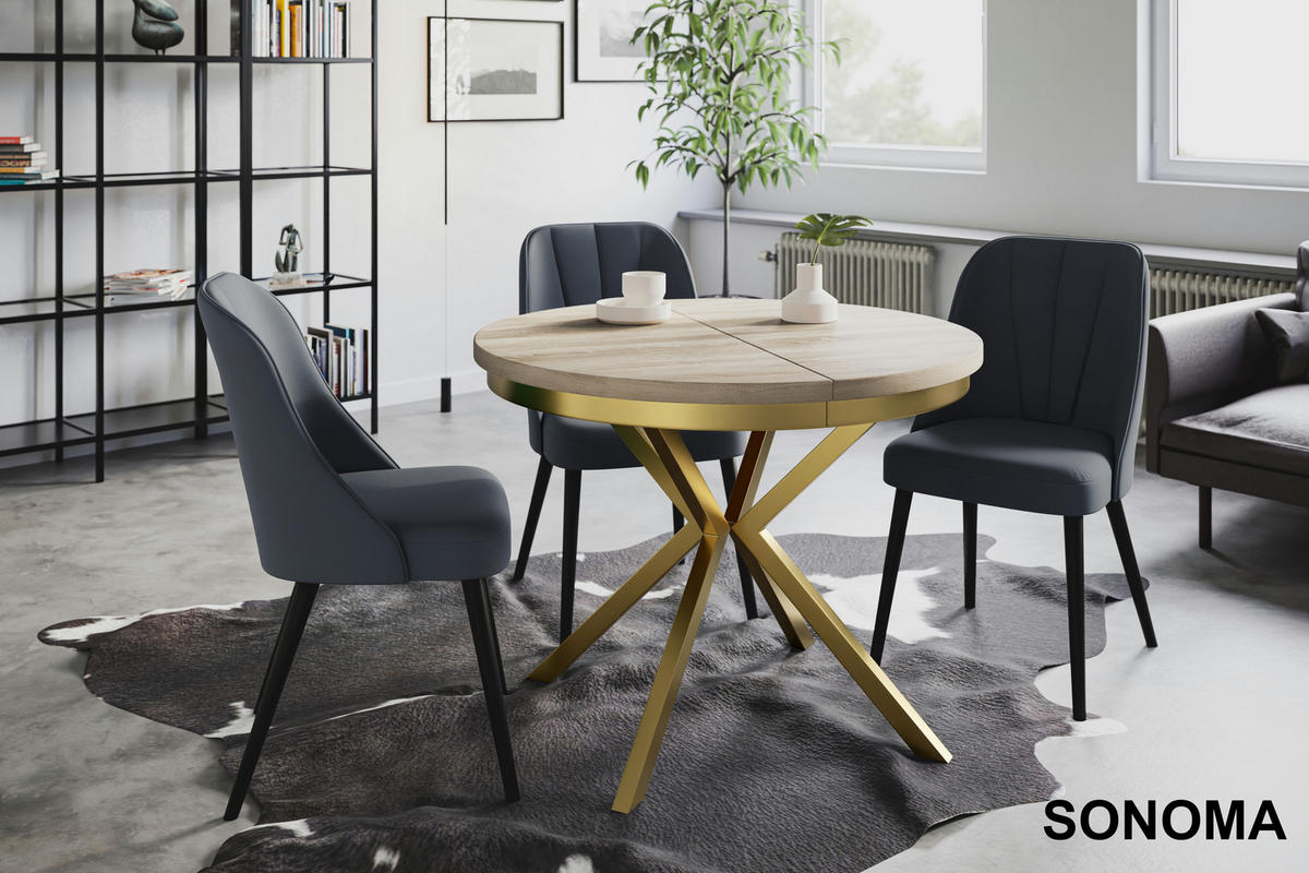 ESSZIMMERTISCH BERGO, ausziehbarer Tisch 120 cm/200 cm, Farbe: Beige, mit Metallbeinen in Farbe Gold - Goldfarben/Sonoma Eiche, Holzwerkstoff (120/120/76cm) - Alpi-Möbel