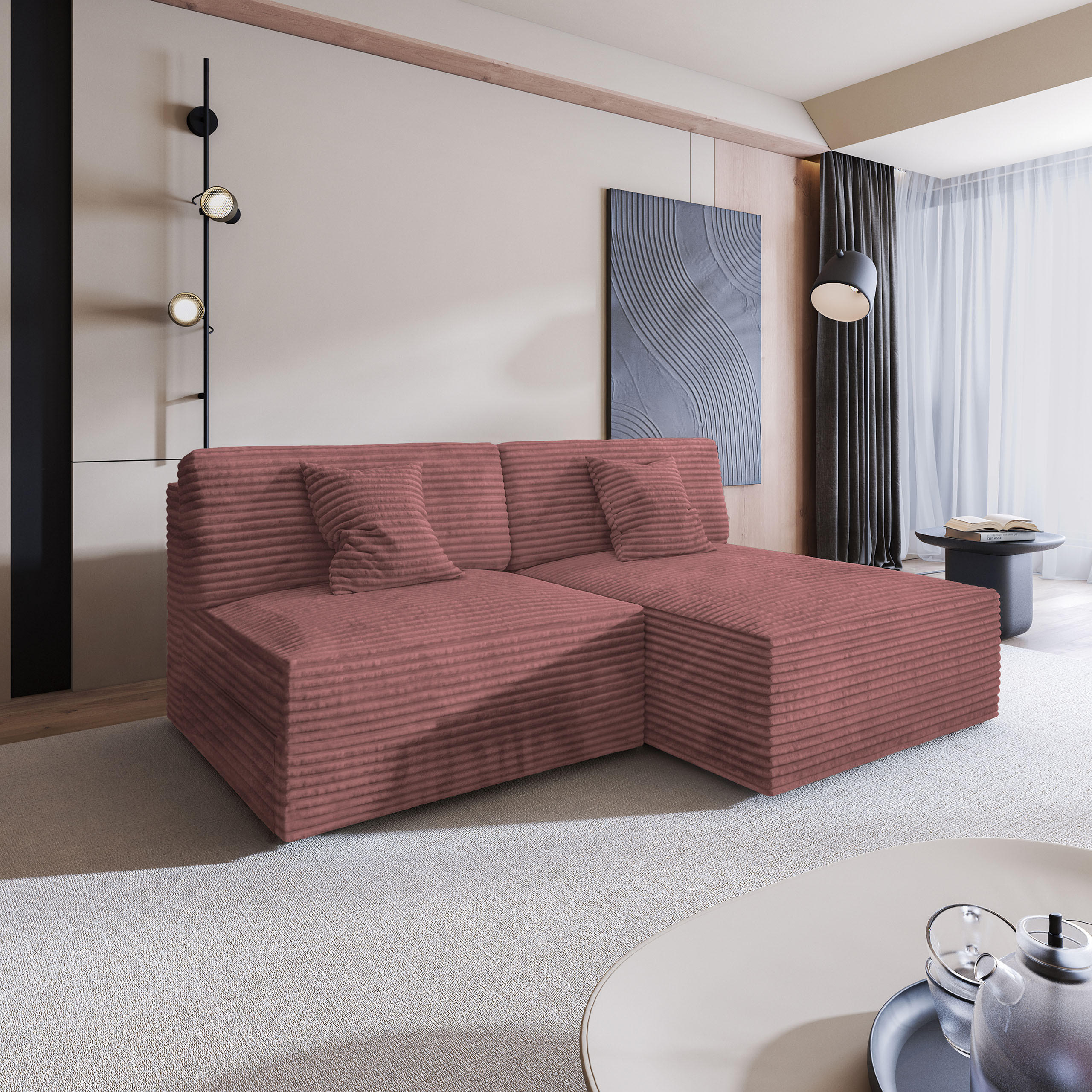 ECKSOFA FIORO Rosa Kordstoff mit Schlaffunktion - Rosa, Holz (204/148cm) - MASSENO