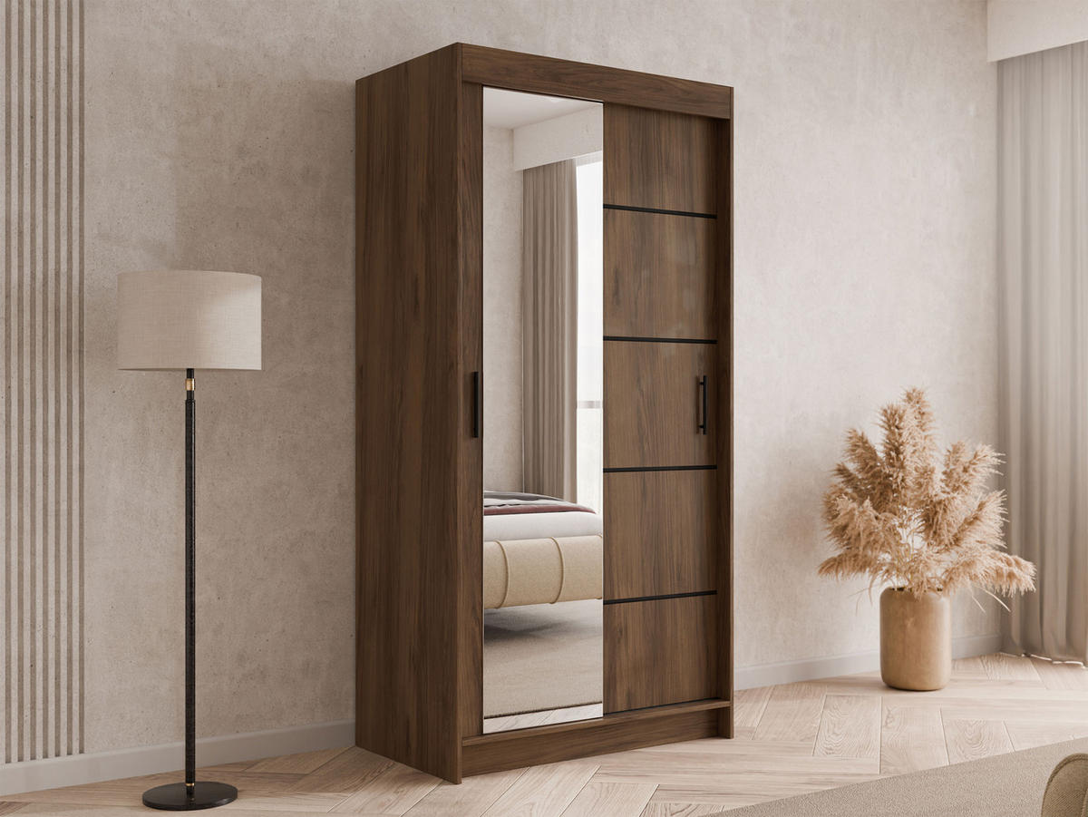 SCHIEBETÜRENSCHRANK Infinity III 120 - Nussbaumfarben/Schwarz, Holzwerkstoff/Kunststoff (120/200/58cm) - MIRJAN24