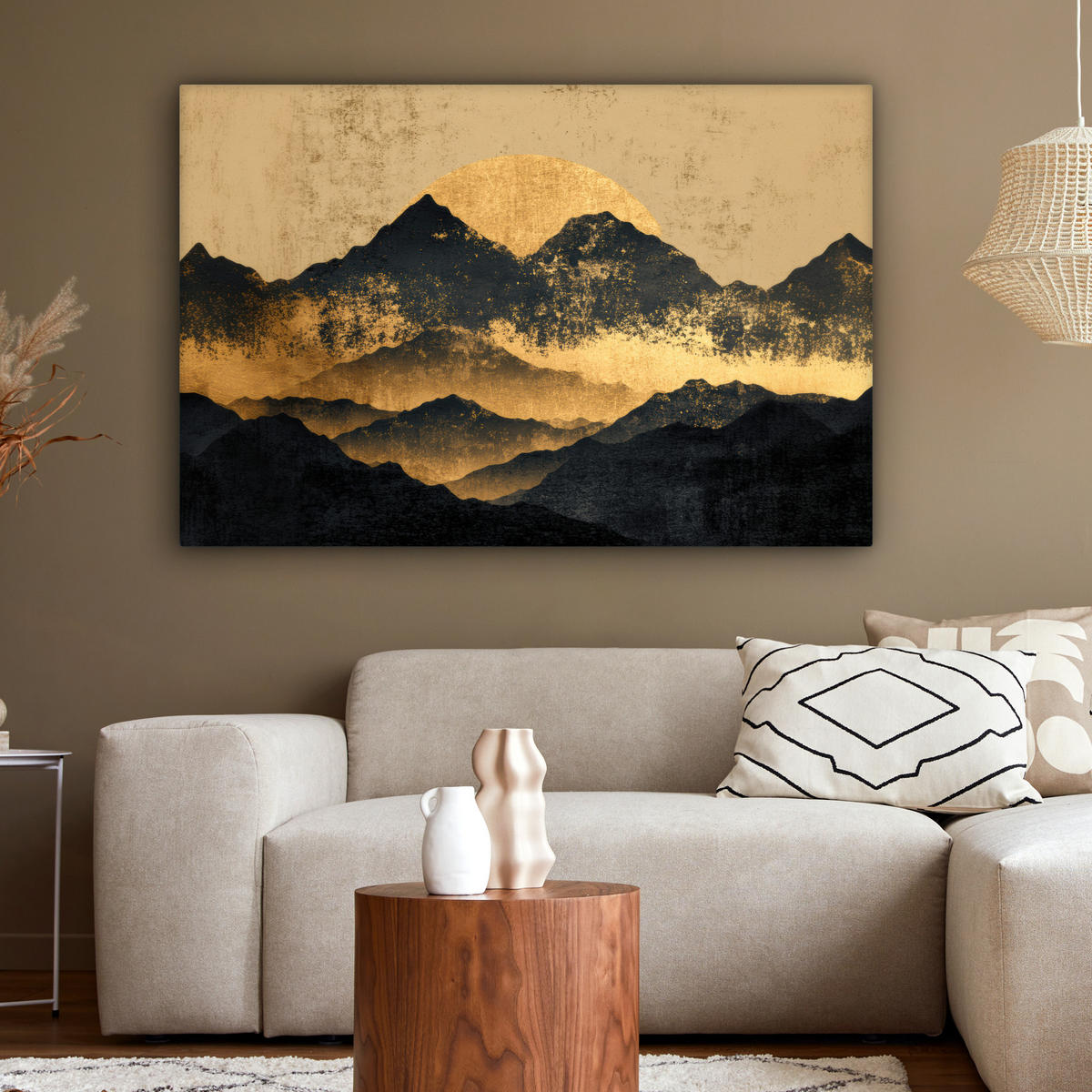 LEINWANDBILD Goldene Berge bei Mondschein Groß 140x90 cm - Goldfarben, Textil (140/90cm) - MuchoWow