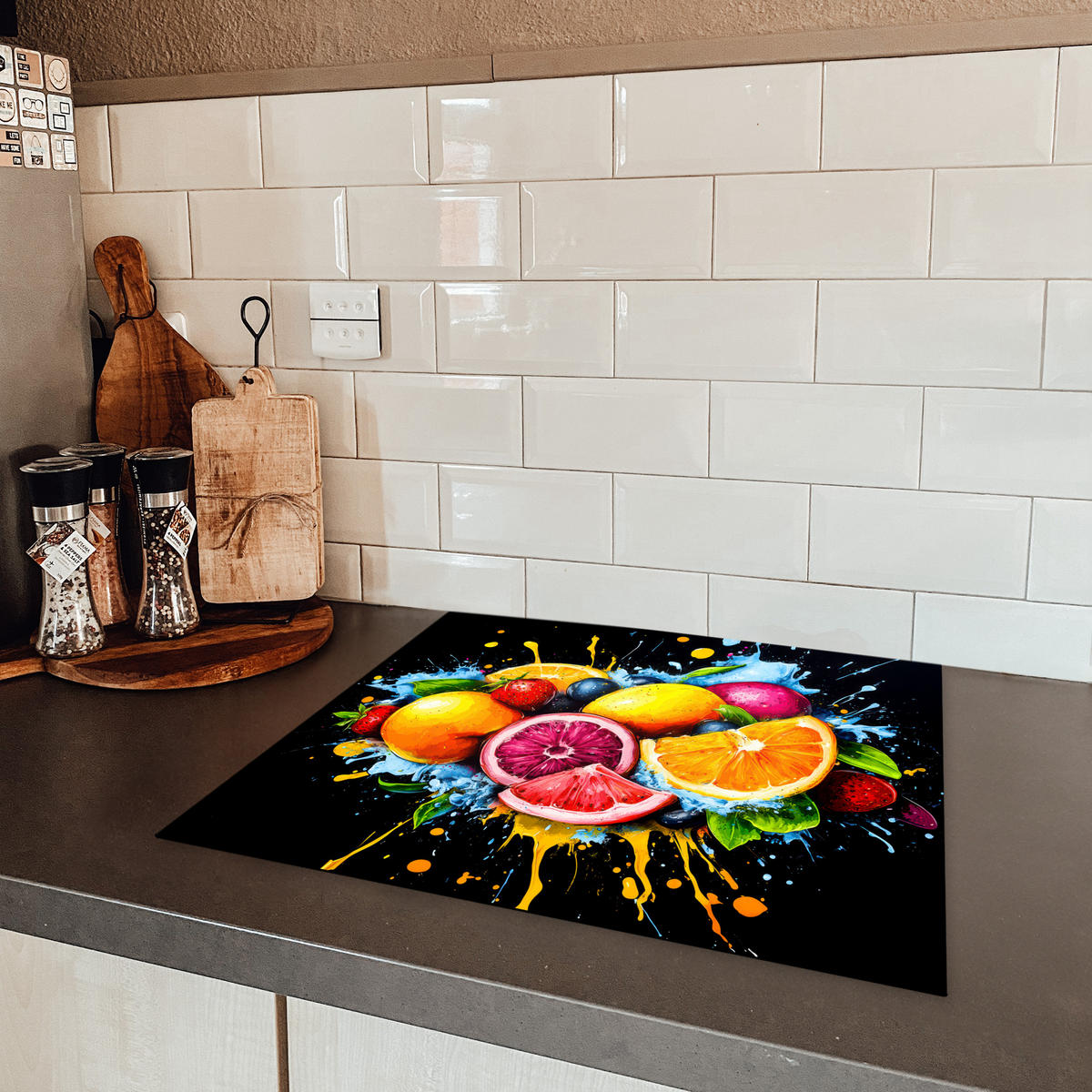 HERDABDECKPLATTE Obst - Graffiti - Bunt - Orange - Erdbeere - Abstrakt Abdeckung Ceranfeld 59x51 cm - Orange, Kunststoff (59/51/0.2cm) - MuchoWow