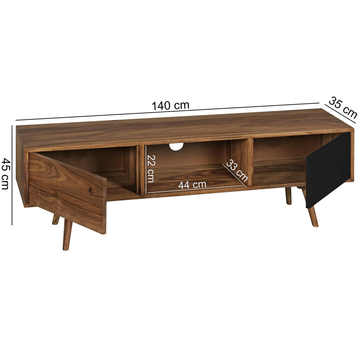 TV-LOWBOARD Massivholz, rustikaler Landhausstil, einzigartige Maserung, Schwarz 140x35x45 cm - Dunkelbraun/Schwarz, Holz (140/45/35cm) - KADIMA DESIGN