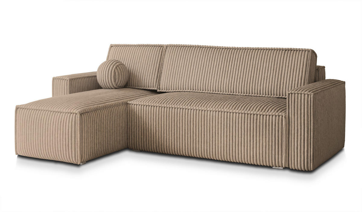 ECKSOFA RAVELO T Beige Kordstoff mit Schlaffunktion - Beige, Holz (240/140cm) - MASSENO