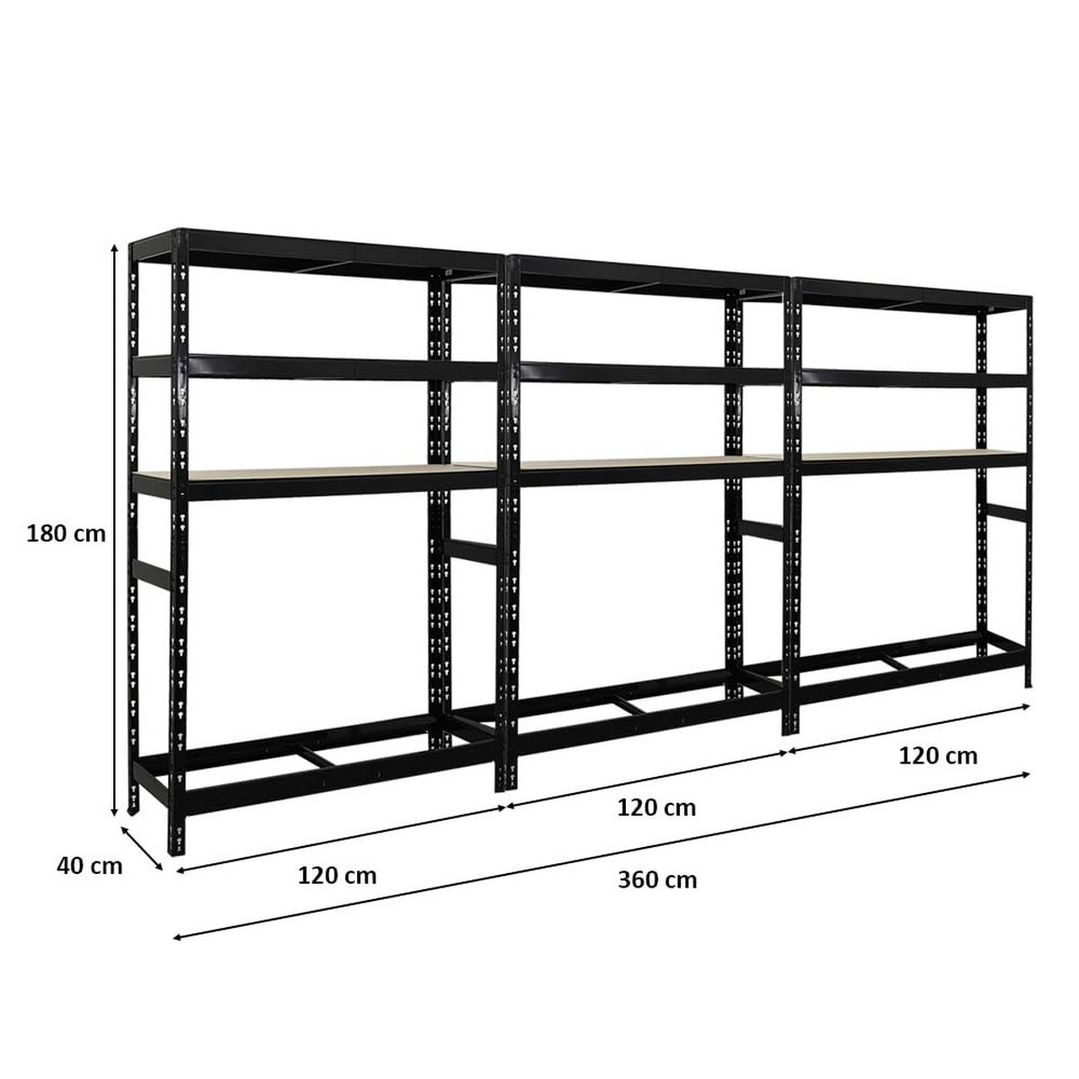 REIFENREGAL Tiger 3er-Set mit 3x 180x120x40 cm bis zu 18 Reifen mit 3 Fachboden Schwarz - Schwarz, Metall (360/180/40cm) - PROREGAL