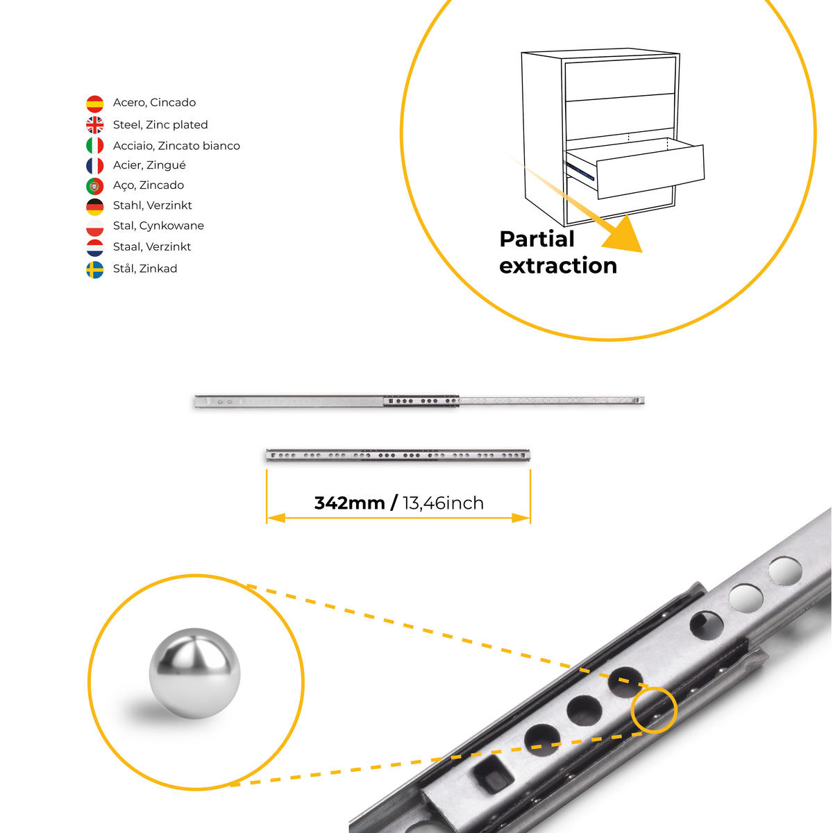KUGELFÜHRUNGEN Höhe 17mm, TeilVollauszug, Verzinkt 5er-set - Zinkfarben, Metall (1/2/34.2cm) - EMUCA