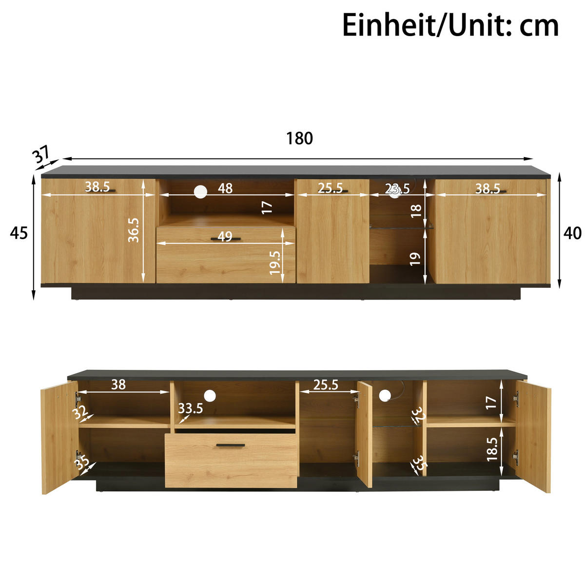 TV-LOWBOARD aus MDF 180x37x45 cm Schwarz und Holzfarbe mit LED-Beleuchtung, 3 Türen und Schublade - Schwarz, Holzwerkstoff (180/45/37cm) - IVMEU
