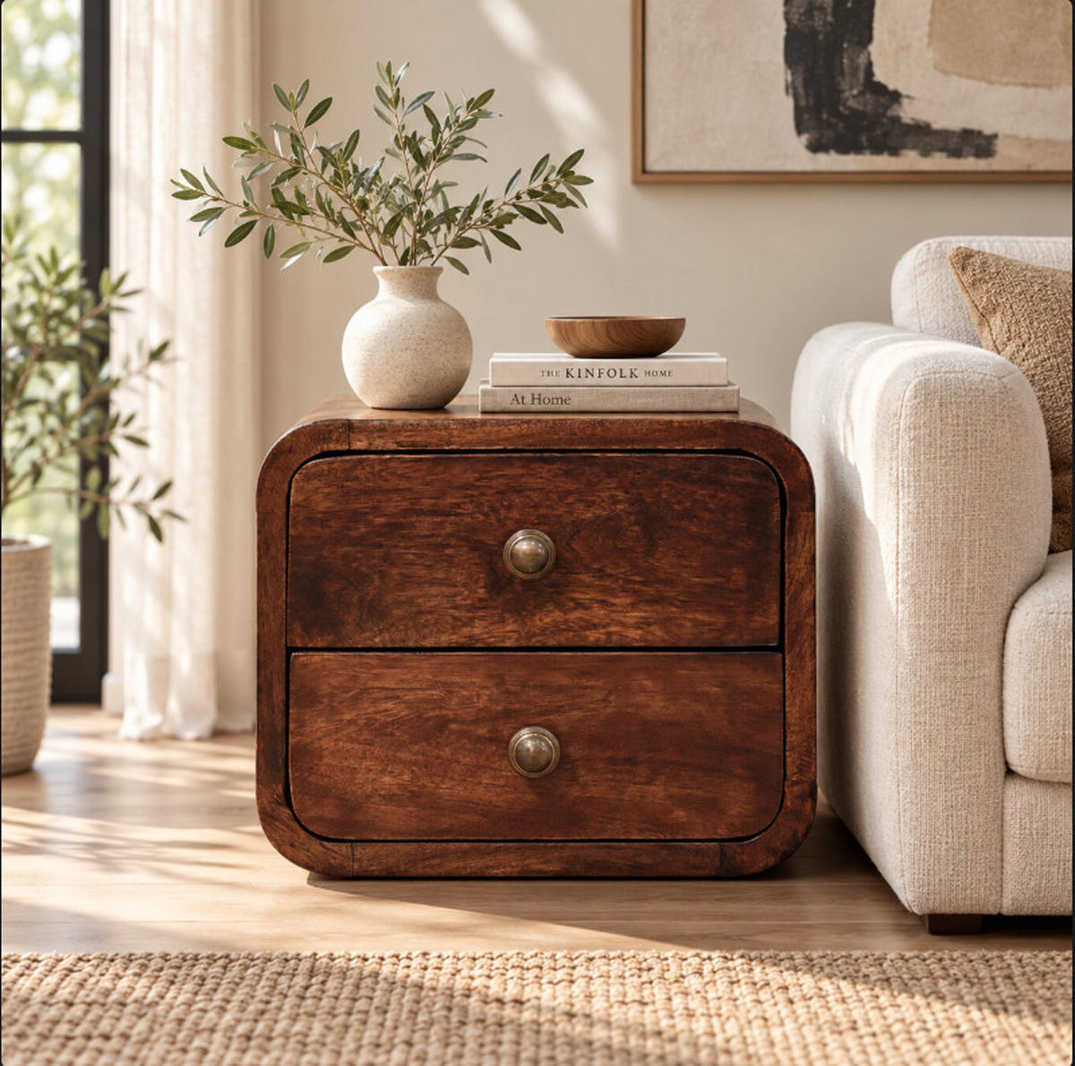 MINI zakrivený nástenný nočný stolík California Walnut, 2 zásuvky, tmavohnedý - farba orecha/mosadzná, kov/drevo (30/25/25cm) - Artisan Furniture