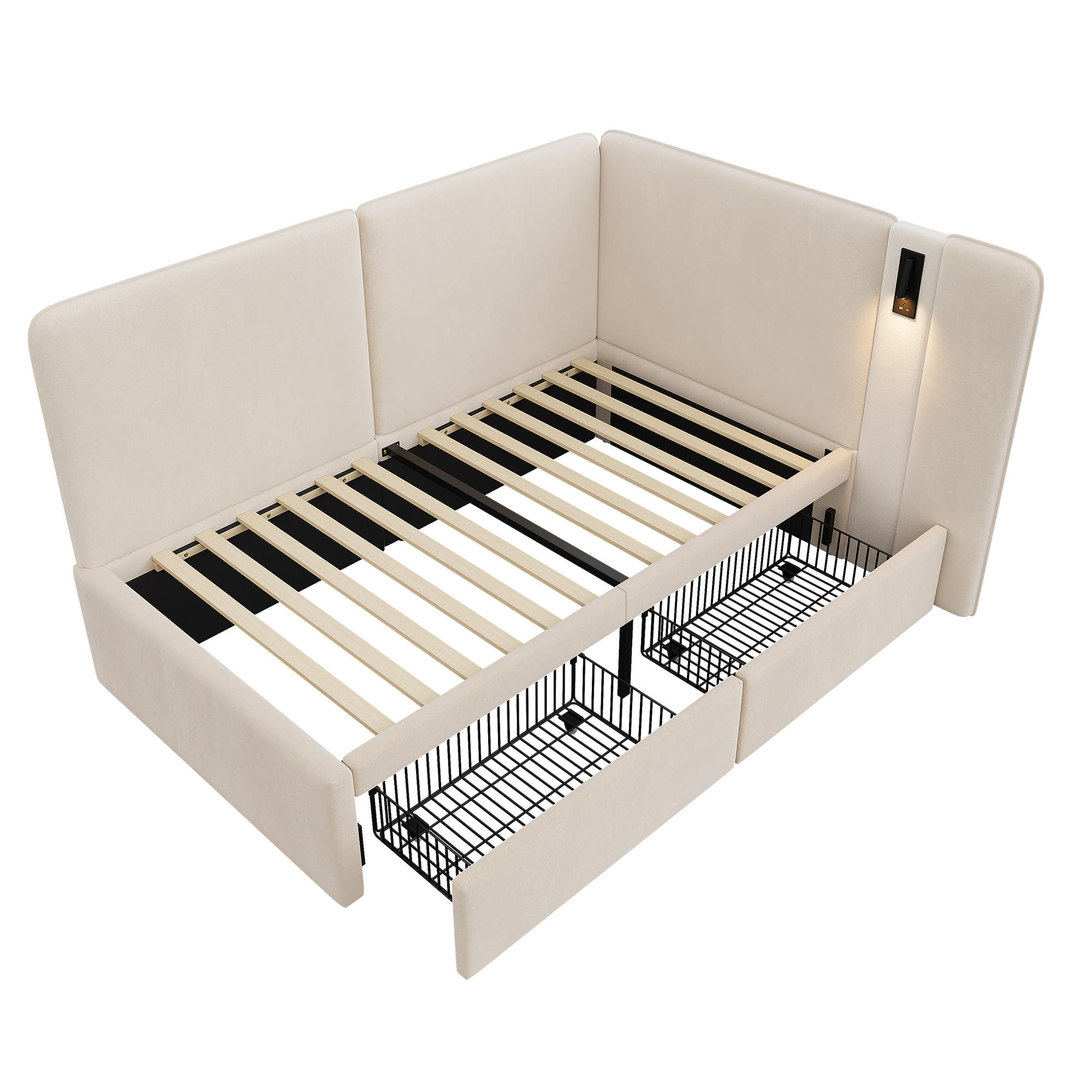 KINDERBETT 90/200 cm DE-03069, mit 2 Schubladen und Leselampe, in Beige - Beige, Metall (90/200cm) - ComfortXL