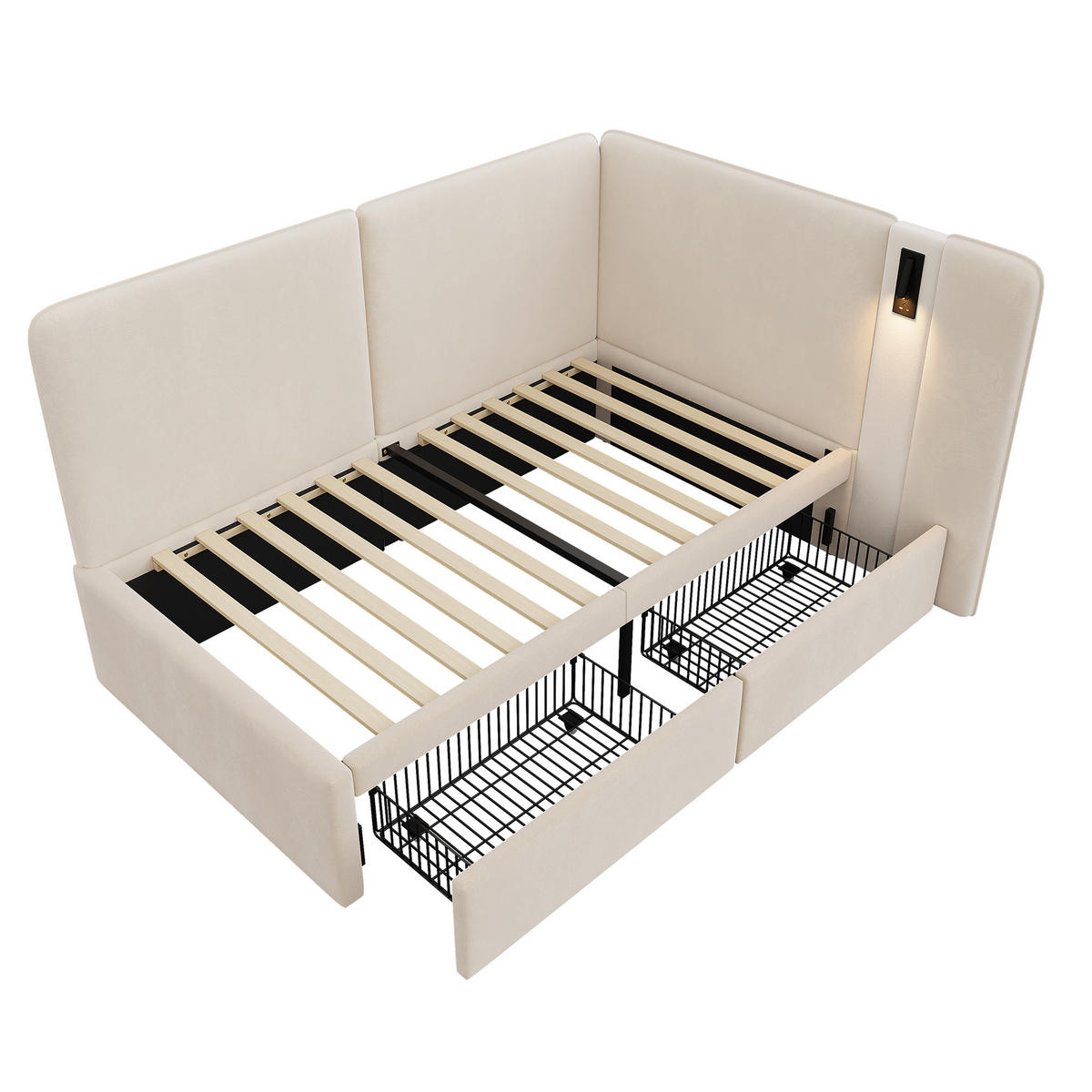 POLSTERBETT aus Samt 90x200 cm in Beige mit 2 Schubladen, USB-C & Leselampe - Beige, Textil (90/200cm) - Modfu