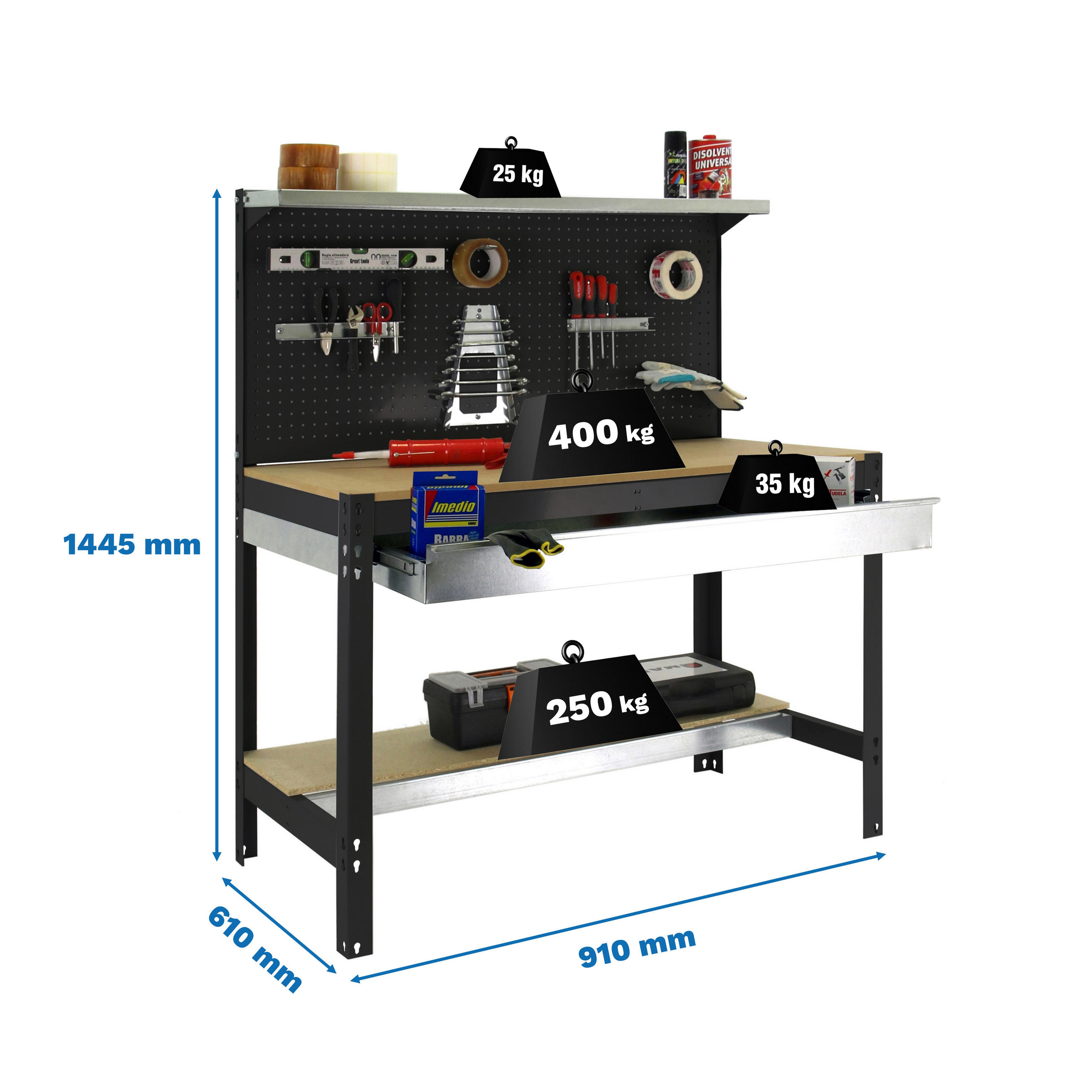 WERKBANK BUFFALO mit Werkzeugwand, Schubfach und Ablage | HxBxT 84x90x61cm | Traglast 600kg | Anthrazit - Anthrazit, Metall (90/84/61cm) - PROREGAL