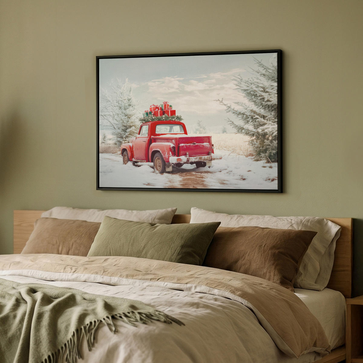 LEINWAND Bilder mit Rahmen - Auto - Rot - Geschenke - Winter - Schnee - Weihnachten - 80x60 - Rot, Textil (80/60cm) - MuchoWow
