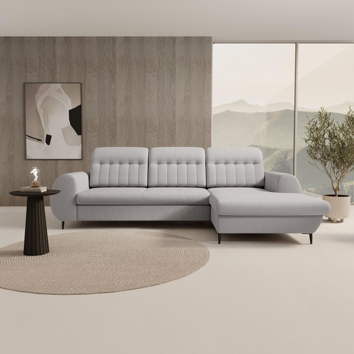 ECKSOFA PURO R-S Hellgrau Plüsch-Stoff mit Schlaffunktion - Hellgrau, Holz (275/166cm) - MASSENO