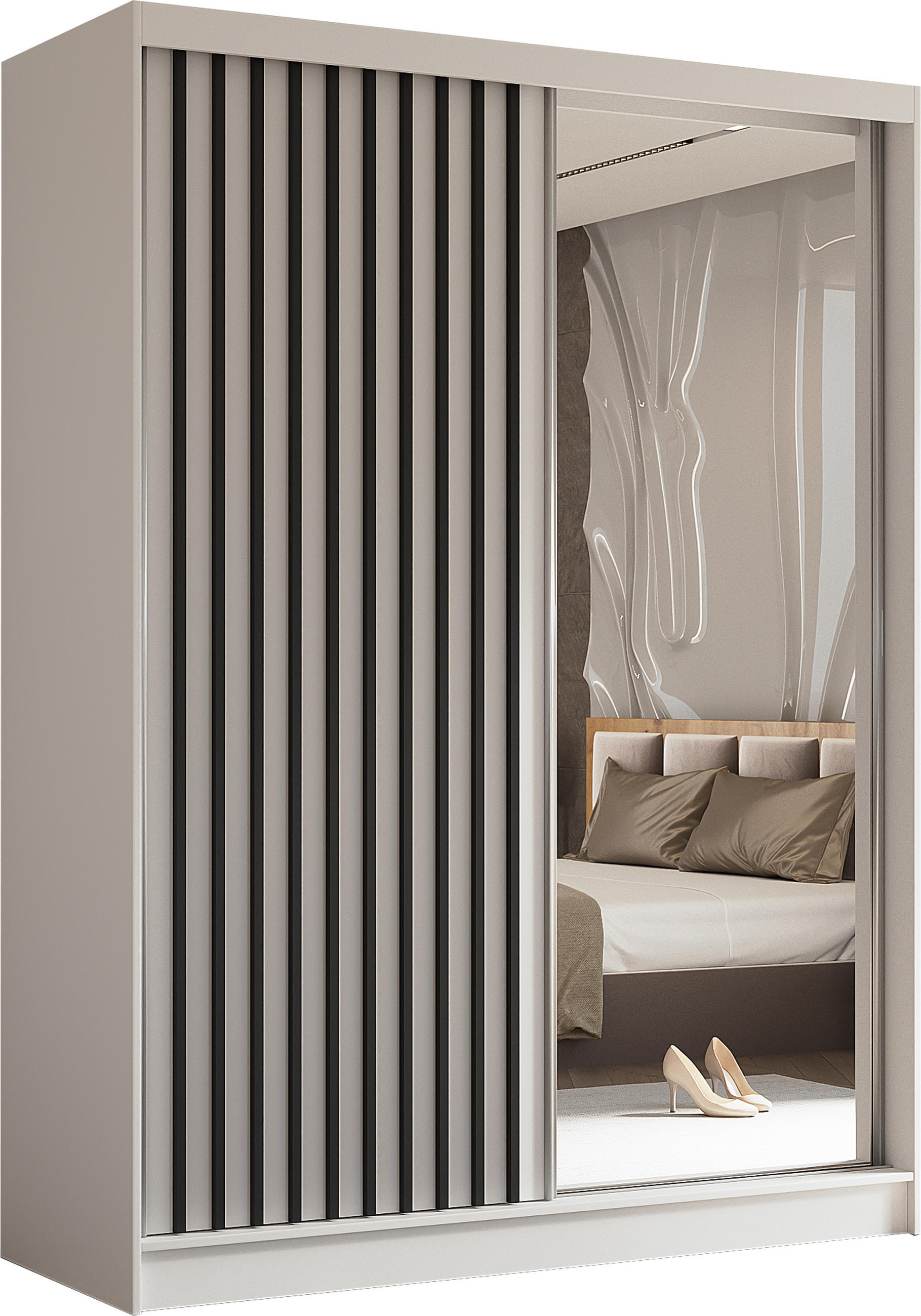 AX Living Schwebetürenschrank Weiß, Schwarz 160x216x61 cm