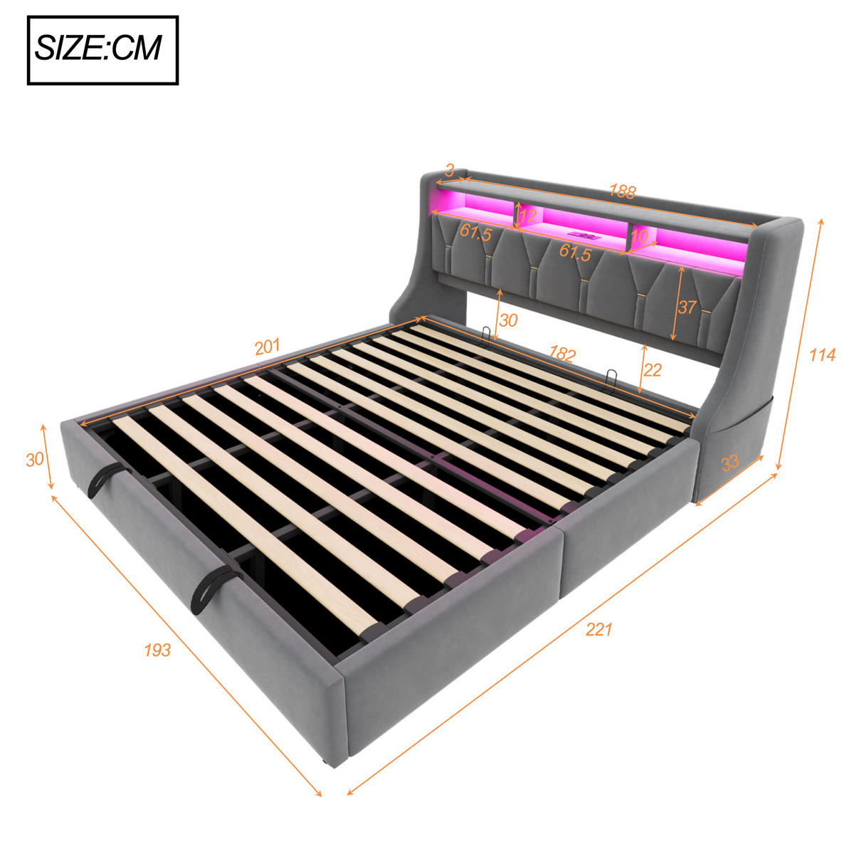 POLSTERBETT 180/200 cm Grau mit Stauraum LED-Beleuchtung und USB- und Type-C-Anschlüssen Samt - Grau, Textil (180/200cm) - OKWISH