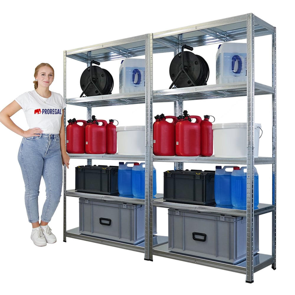 SCHWERLASTREGAL Ragnar 2er-Set 180x90x40cm 5 Stahlplatten-Ebenen Fachlast 125 kg Verzinkt - Schwarz, Metall (90/180/40cm) - PROREGAL