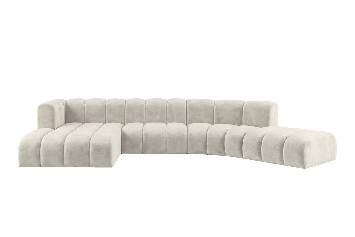 ECKSOFA Modulares In L-Form, Velvet-Stoff Riviera, Ecru, Links, GRAND Round - Creme, Holz (445/179cm) - Kaiser Möbel