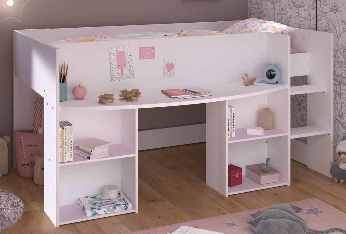 HOCHBETT Bett 90 x 200 cm mit Stauraum und Bastelfläche - Weiß/Kieferfarben, Holzwerkstoff (90/200cm) - Parisot Meuble