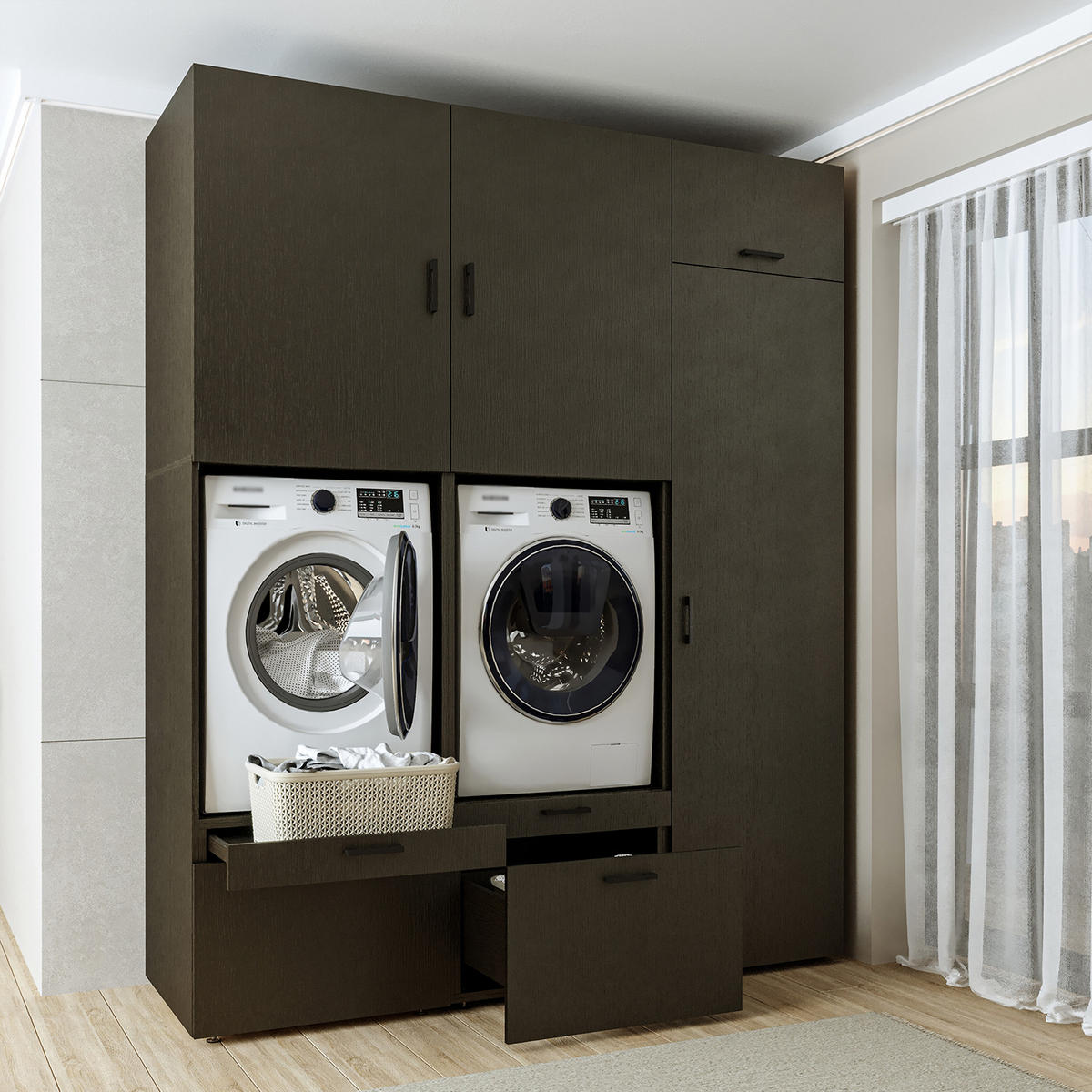 WASCHMASCHINENSCHRANK Serie 2 194cm Breit, 240cm Hoch - Schwarz, Holzwerkstoff (194/240/67cm)