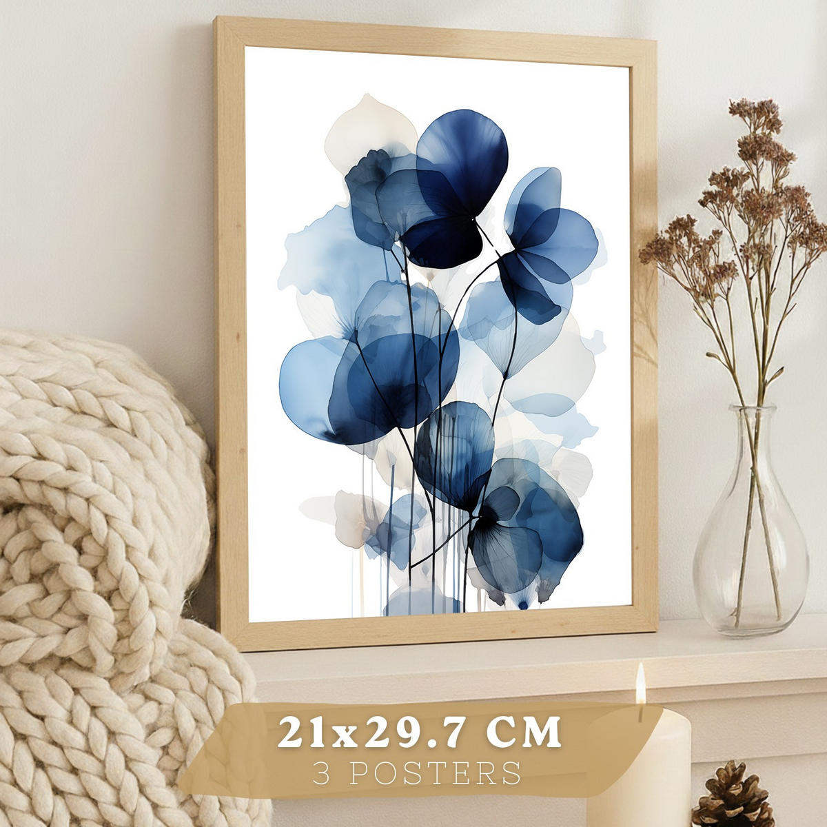 PLAKAT Sada 3 Modré květy A4 bez rámu - čirá, papír (29.7/1/21cm) - Nacnic