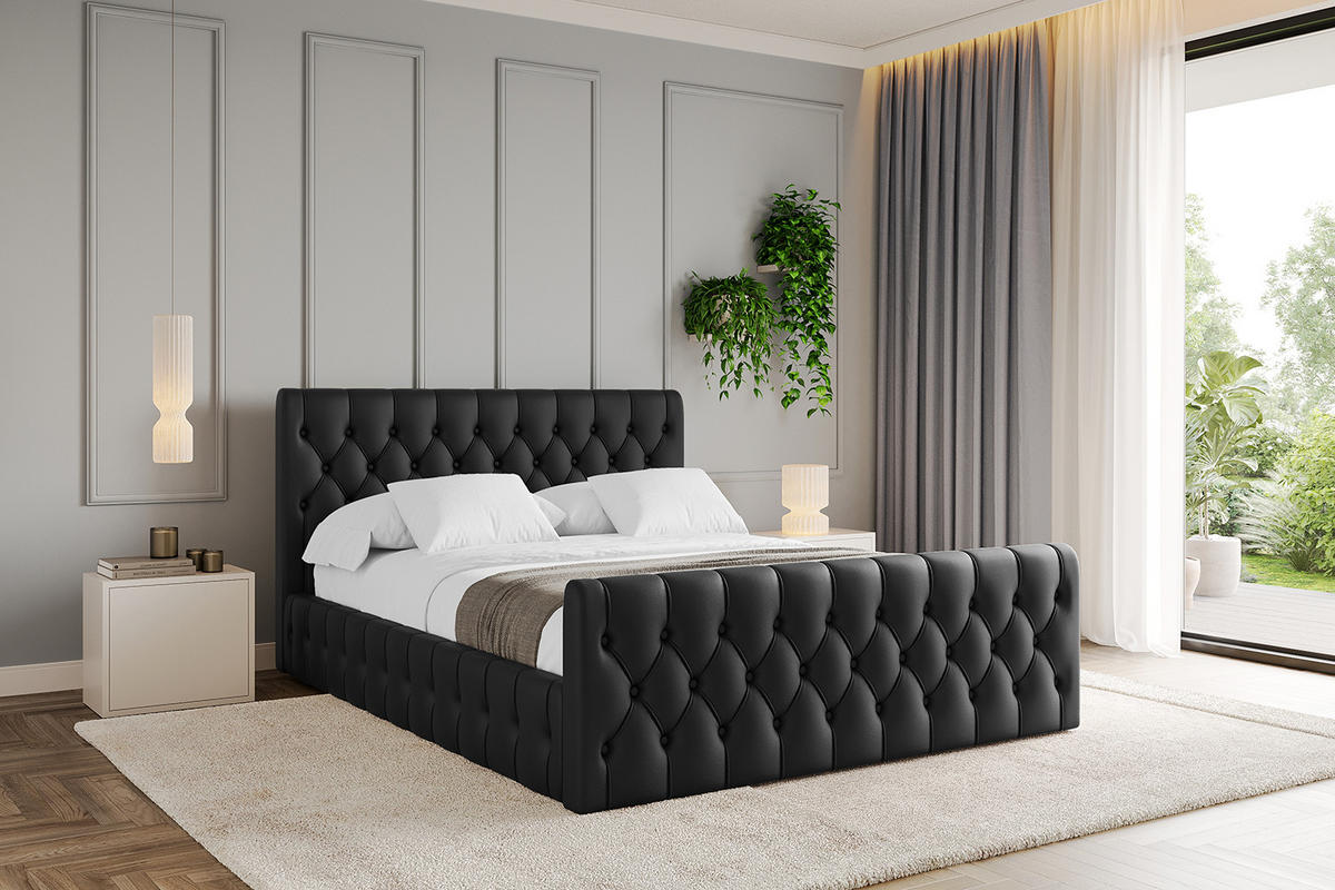 POLSTERBETT mit Bettkasten, Fußteil und Lattenrost, Boxbett ohne Matratze - LARO-Z 140x200 Schwarz Kunstleder - Schwarz Hochglanz, Holzwerkstoff/Textil (140/200cm) - ALTDECOR