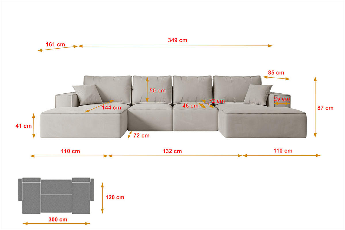 WOHNLANDSCHAFT mit Schlaffunktion und Bettkasten SIERRA-U-S - 349x161x87 cm Hellbraun Velours - Hellbraun/Schwarz, Holzwerkstoff/Kunststoff (349/87/161cm) - ALTDECOR