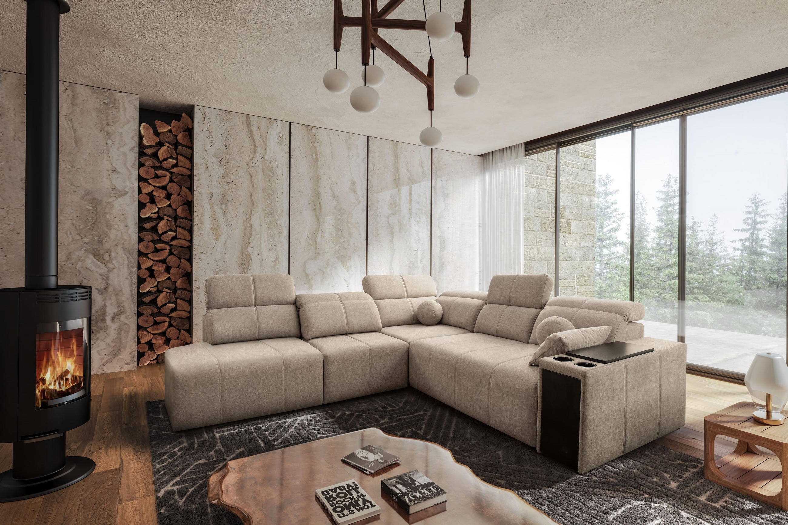 ECKSOFA Mindy IX Mit Schlaffunktion, Verstellbarer Rückenlehne Stoff Verita KaltesBeige Links - Creme, Holz (288/300cm) - Kaiser Möbel