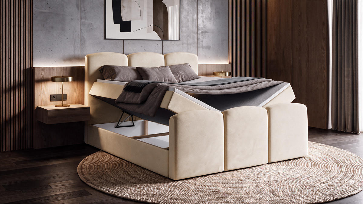 BOXBETT SAVIO 180x200 cm mit Bettkasten, Bonell-Matratze H3 und Topper – Samt Creme - Creme, Textil (180/200cm) - Luxkor24