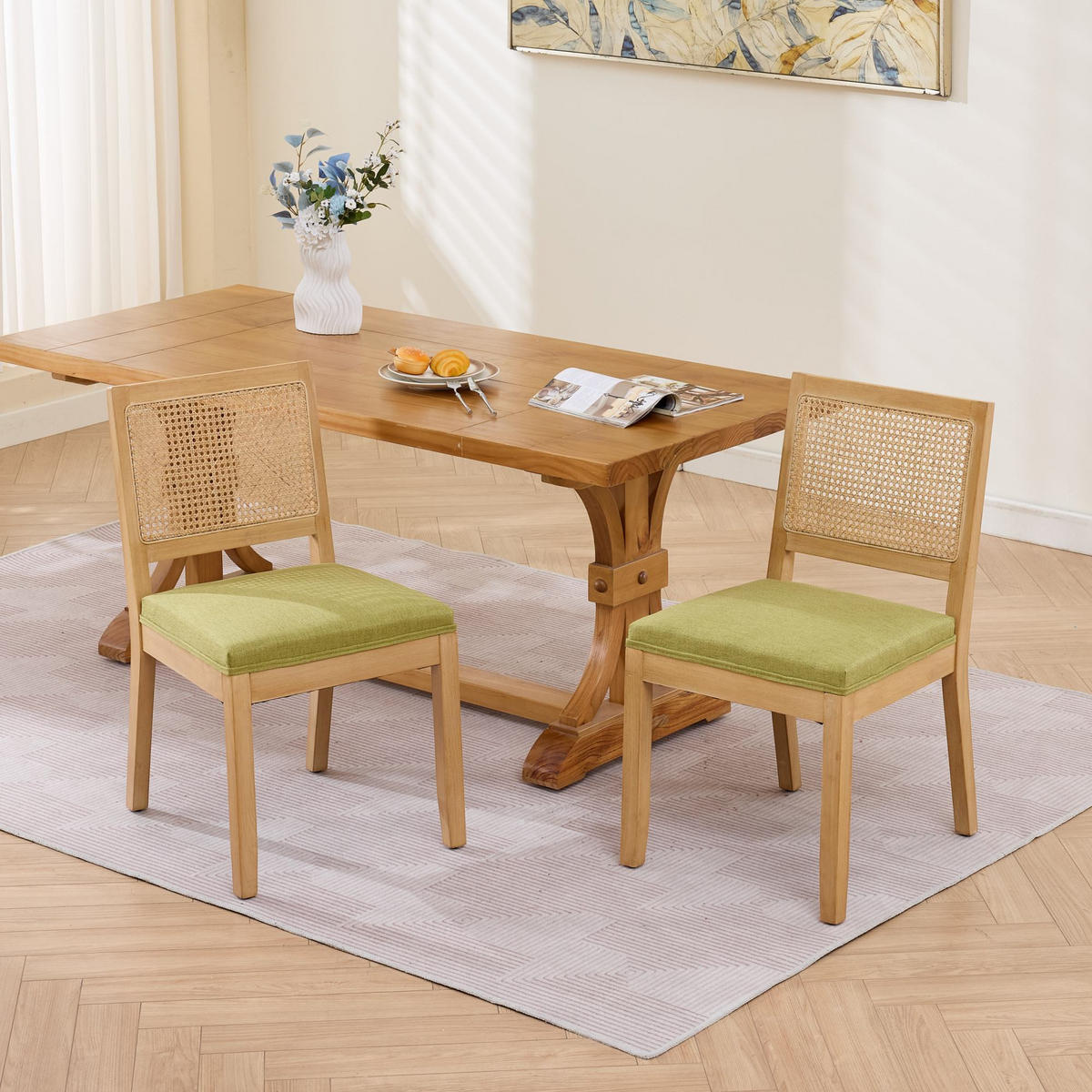 STUHL-SET DE-36363 2 Stück mit Rattan-Rückenlehne Olivgrün - Grün, Holz (48/86.5/56cm) - ComfortXL