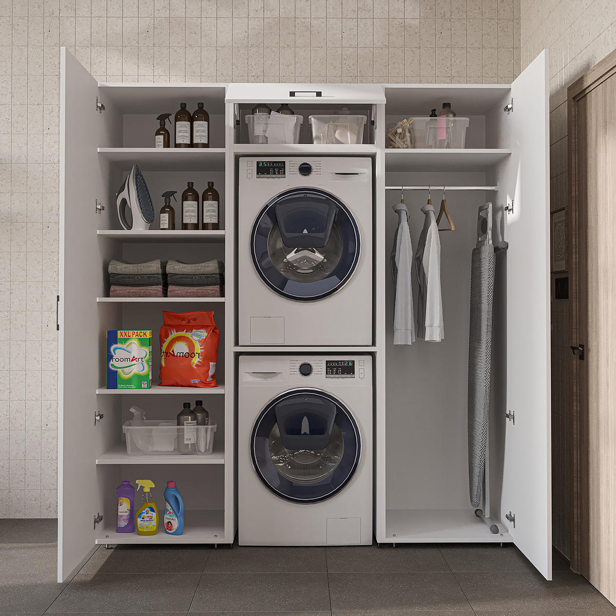 WASCHMASCHINENSCHRANK DUO-II 187cm Breit, 205cm Hoch - Weiß, Holzwerkstoff (187/205/67cm)