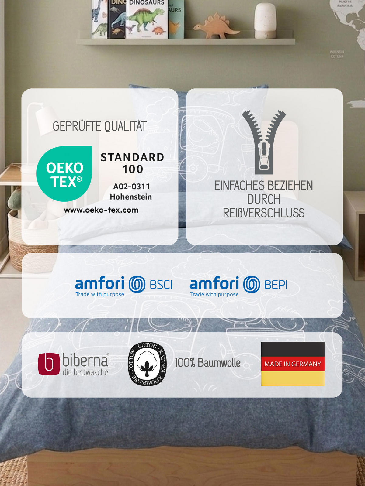 BETTWÄSCHE-GARNITUR Premium Melange Lokomotive blau, 135x200 cm + 80x80 cm - Blau, Textil (135/200cm) - biberna