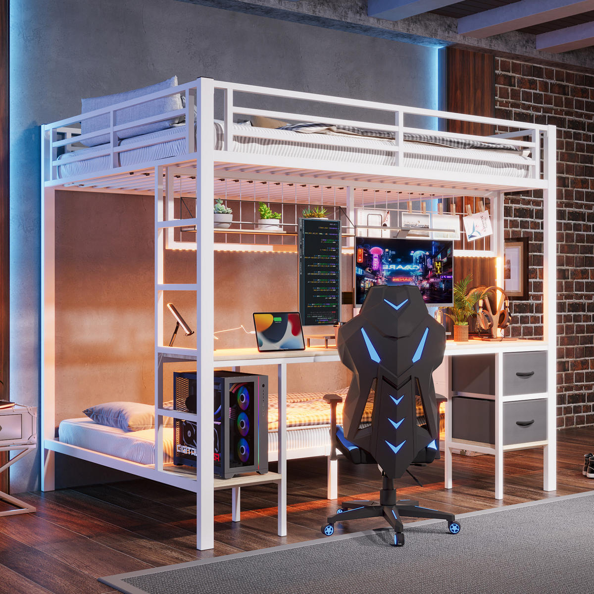 HOCHBETT 140/200 cm aus Metall/MDF mit Schreibtisch, Stauraum und LED-Leiste Weiß - Weiß, Metall (140/200cm) - Modenvie