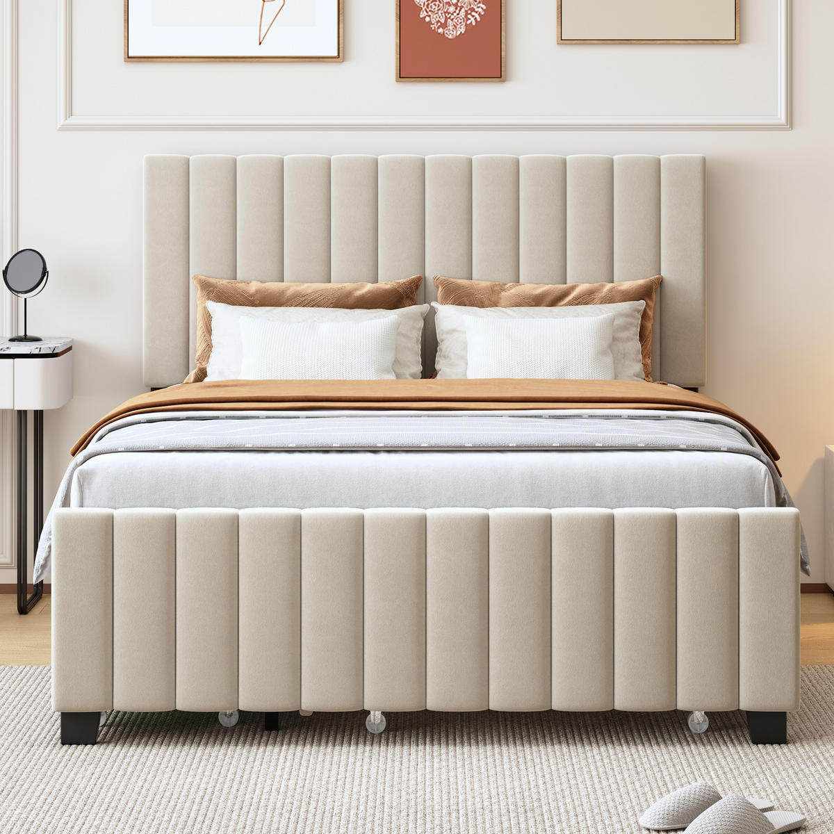 POLSTERBETT 140/190 cm mit Ausziehbett und zwei Schubladen in Beige - Beige, Textil (140/190cm) - OKWISH