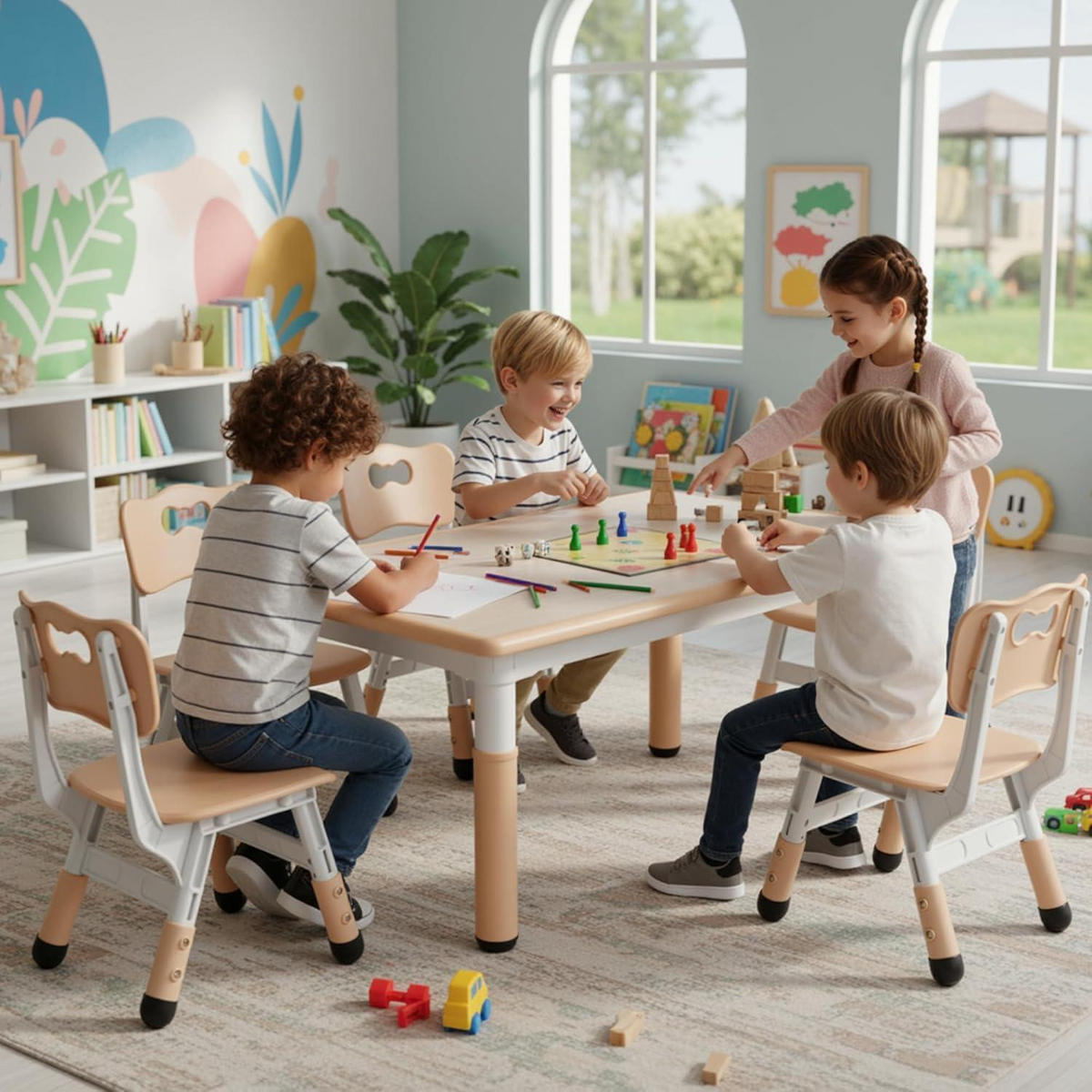 KINDERTISCH- und Stuhl-Set 5-teilig Höhenverstellbar Gelb 120 x 60 cm - Multicolor, Kunststoff (60/60/120cm)