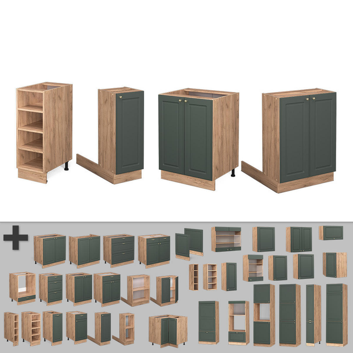 KÜCHENINSEL Fame-Line Grün-Gold Landhaus/Goldkraft Eiche 90 cm ohne AP - Honigeiche/Grün, Holzwerkstoff (90/82/82cm) - Vicco