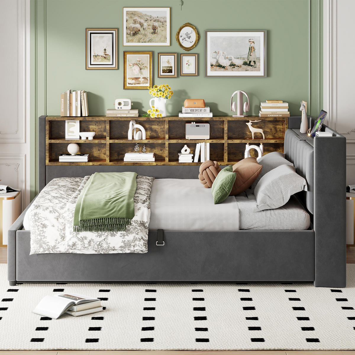 SCHLAFSOFA 140/200 cm in Dunkelgrau Samt mit Bettkasten, LED, USB, Type-C und Ablagen - Dunkelgrau, Holzwerkstoff/Textil (140/200cm) - WISHDOR