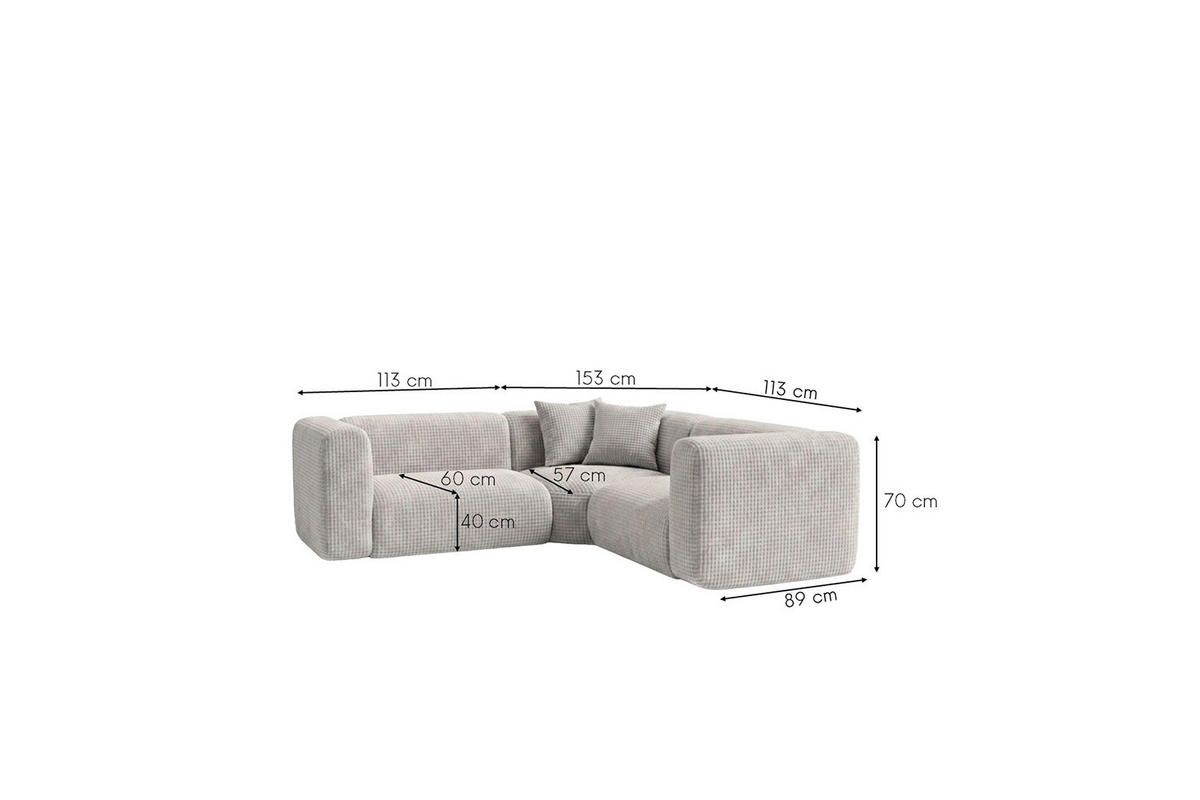 ECKSOFA Modulares, Corner mini, Chenille-Stoff Cremona, Hellgrau, GRETA - Hellgrau, Holz (380/190cm) - Kaiser Möbel