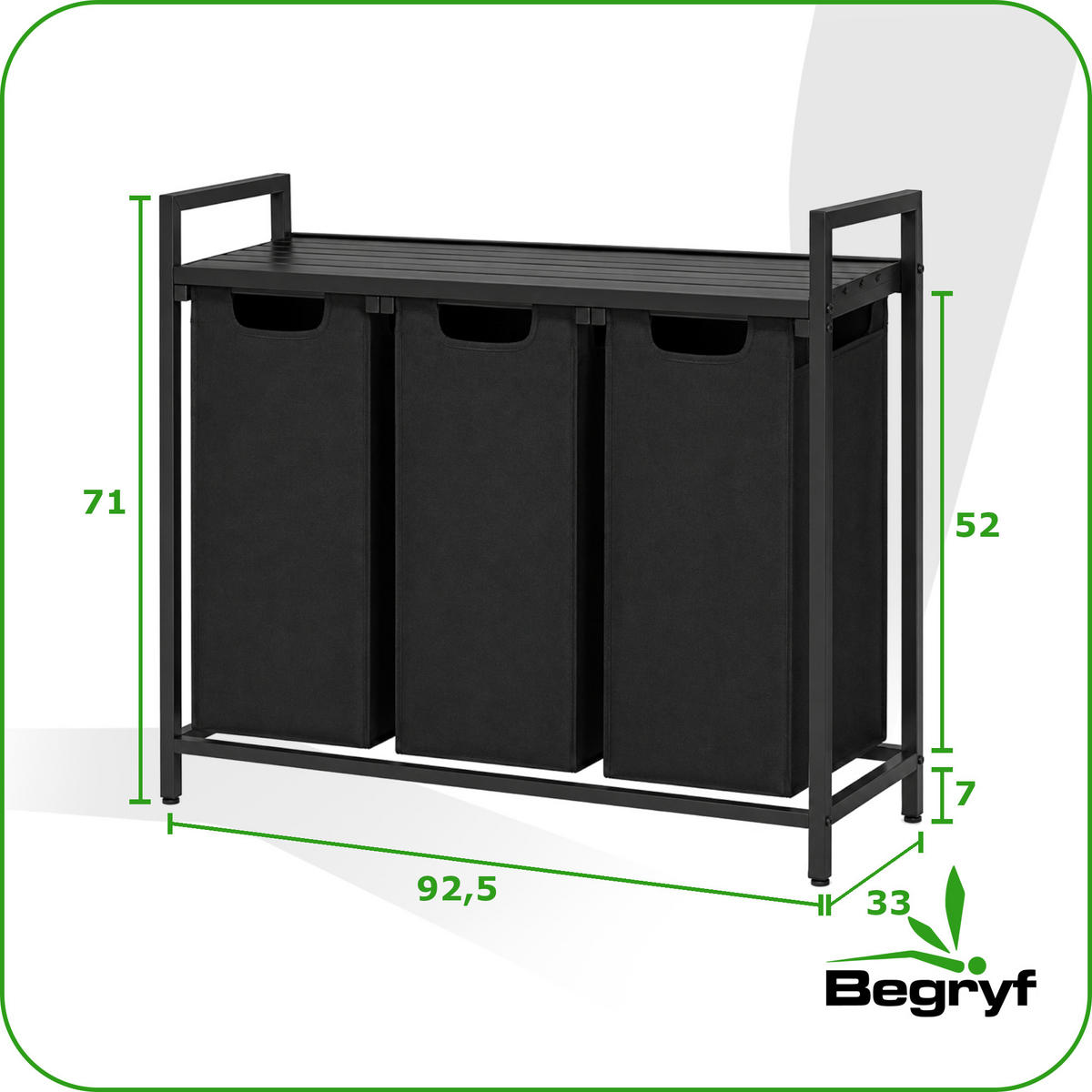 WÄSCHEKORB Metall Stoff MDF Schwarz 3 Wäschesäcke 114l 92,5x33x71 cm - Schwarz, Holzwerkstoff/Textil (92.5/71/33cm) - Begryf