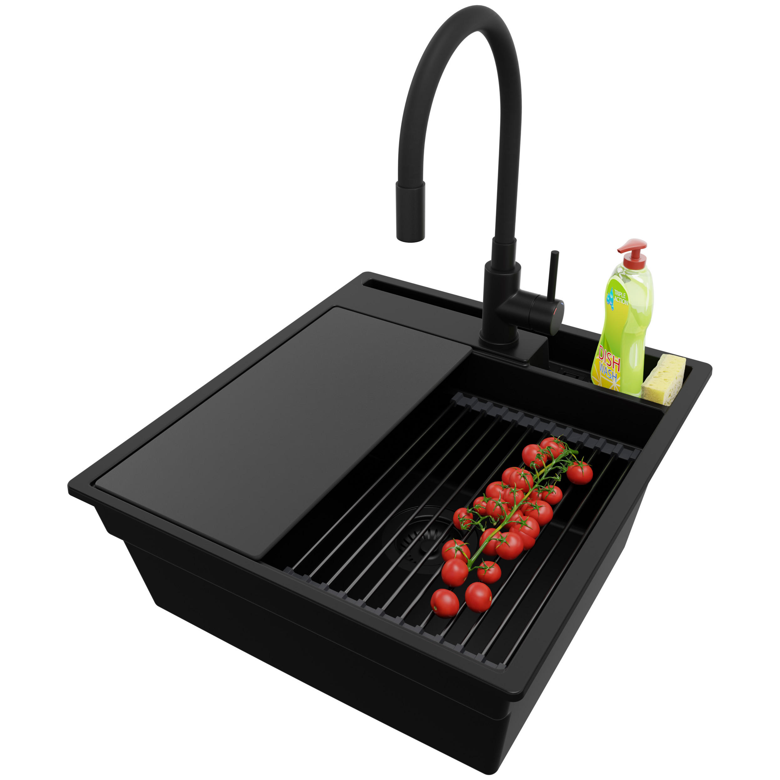 GRANITSPÜLE Oslo Pocket, 2-er set Alles Schwarz 48/53 cm 1 Becken + Küchenarmatur 40/38 cm + Ablauf-Set + Küchenzubehörset ab 50er Unterschrank - Schwarz, Kunststoff (48/20/53cm) - Primagran